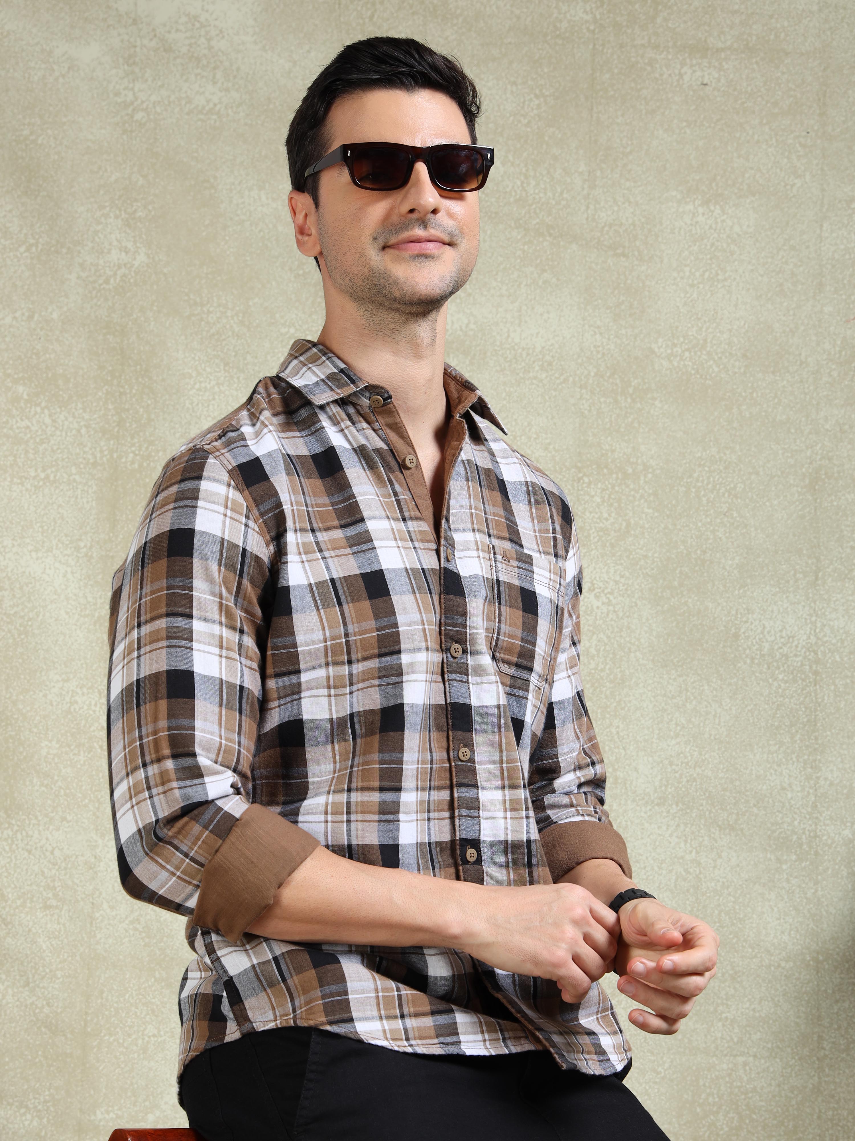 MEN'S DK.BEIGE CHECKS SLIM FIT SHIRT