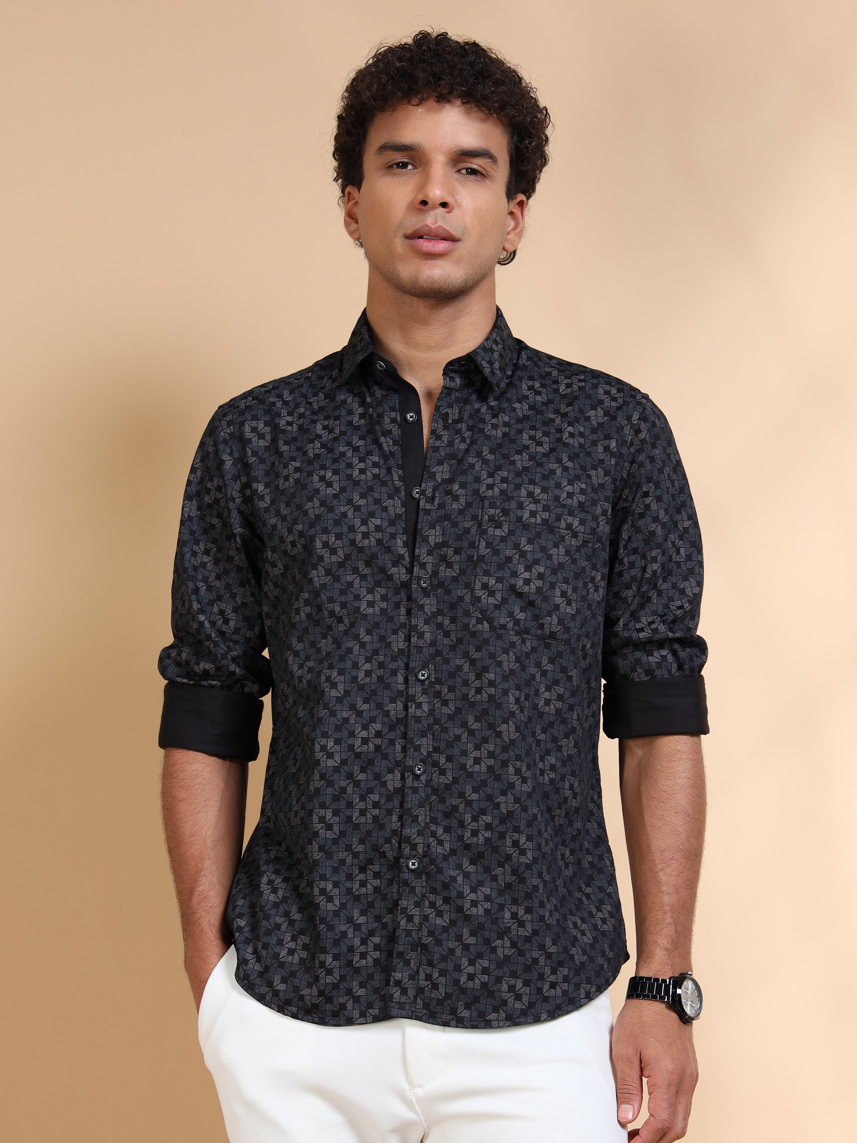 MEN'S BLACK PRINT SLIM FIT SHIRT