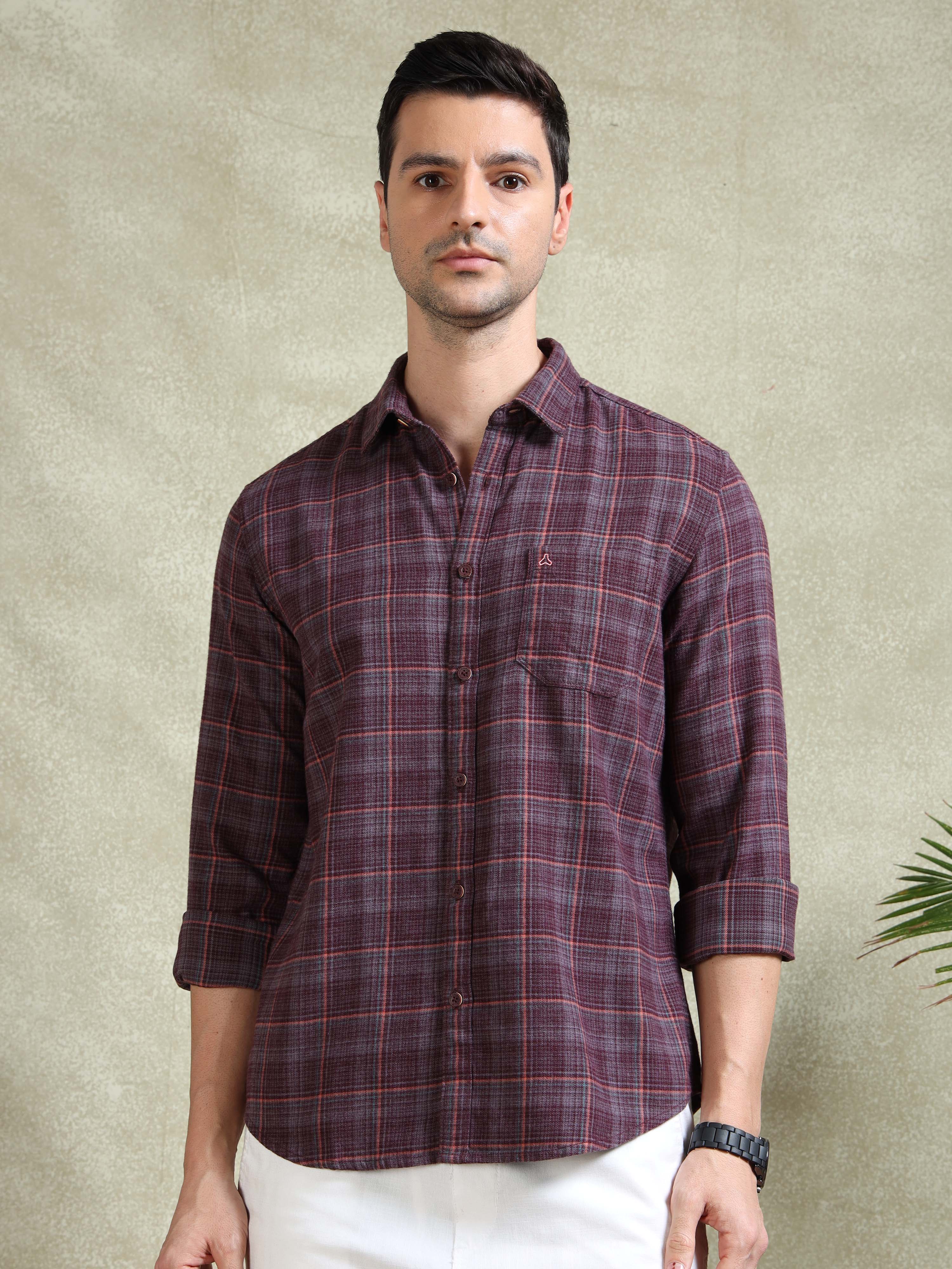 MEN'S WINE BRUSHING CHECKS SLIM FIT SHIRT