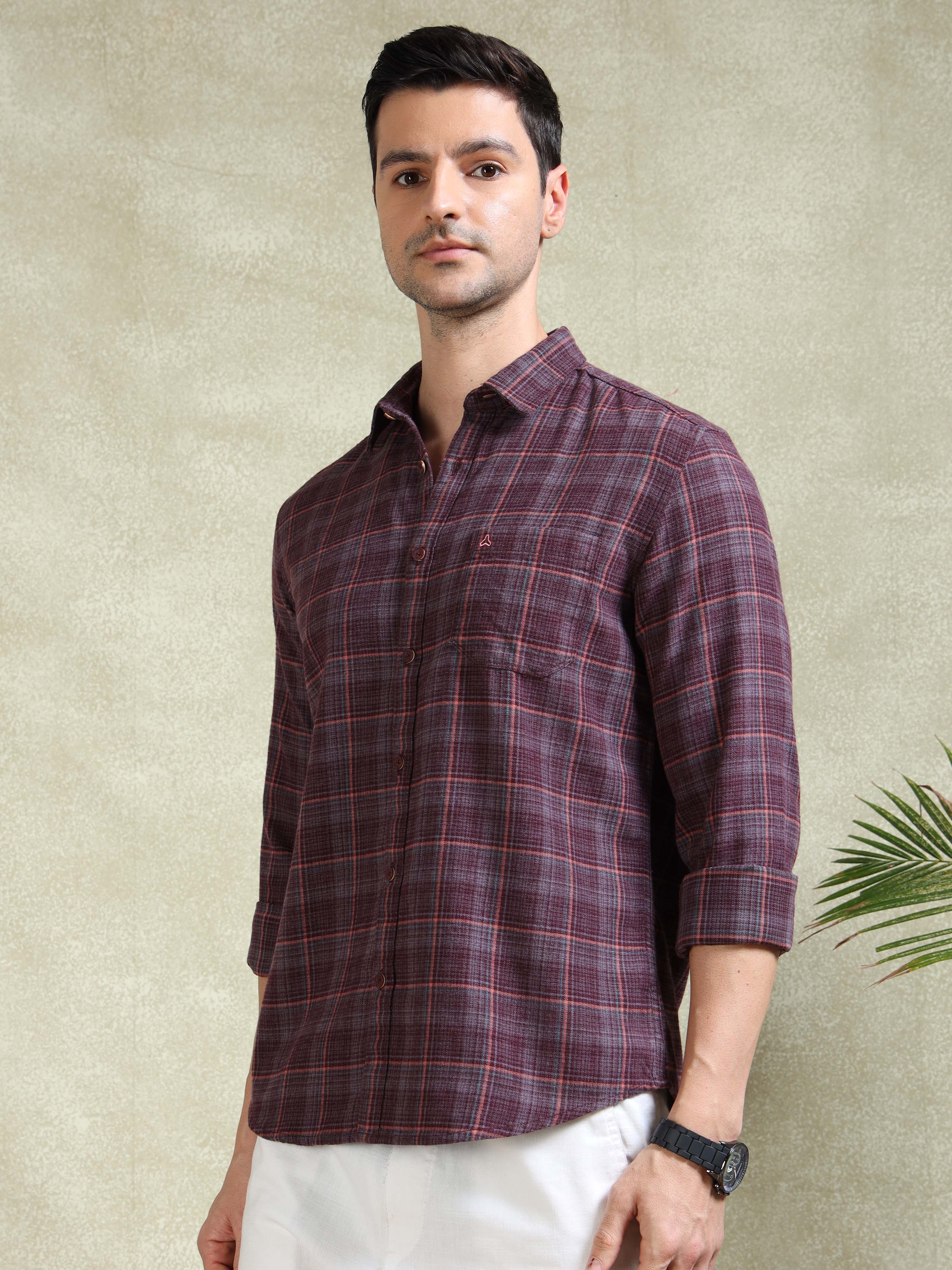 MEN'S WINE BRUSHING CHECKS SLIM FIT SHIRT