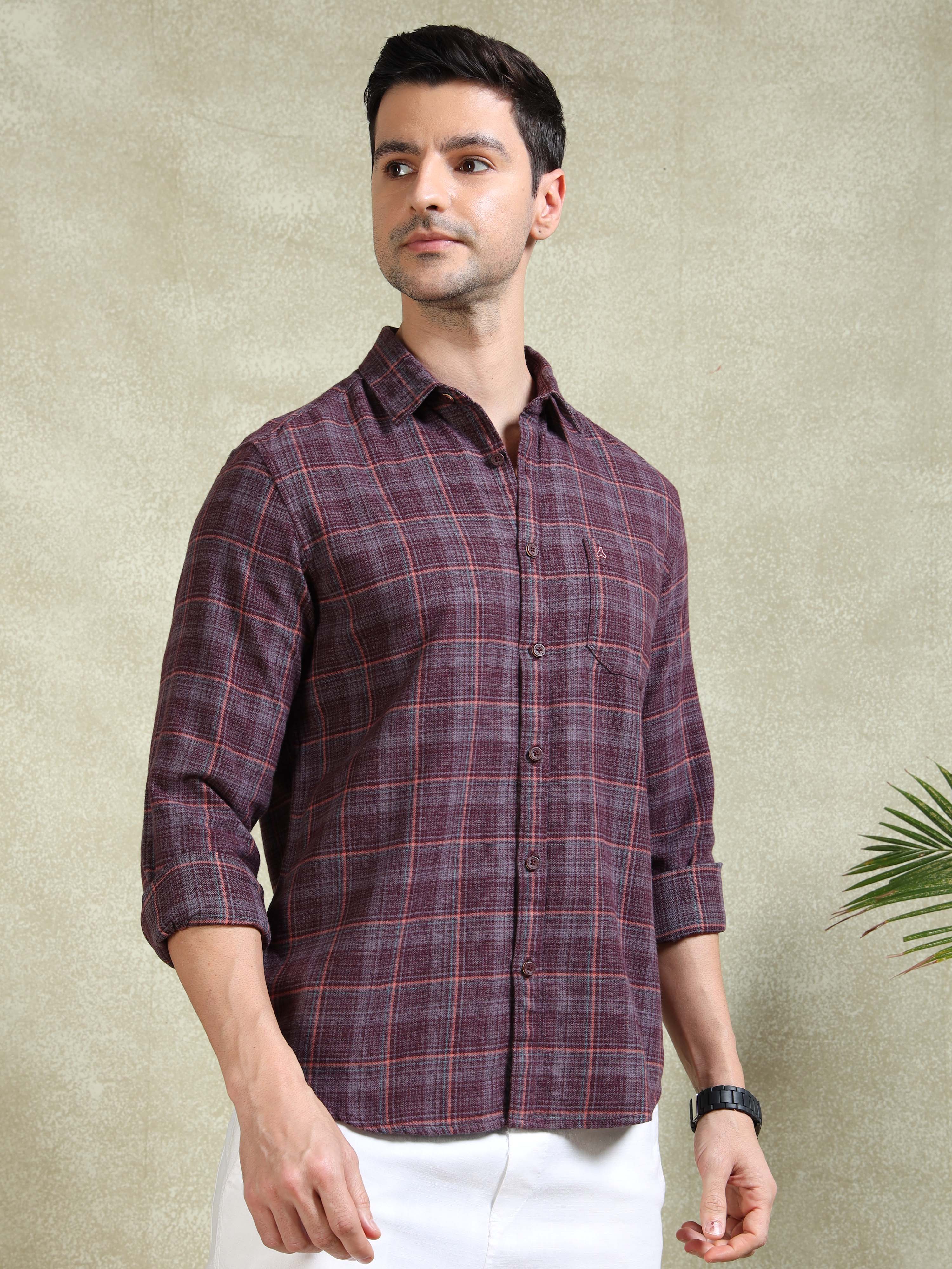 MEN'S WINE BRUSHING CHECKS SLIM FIT SHIRT