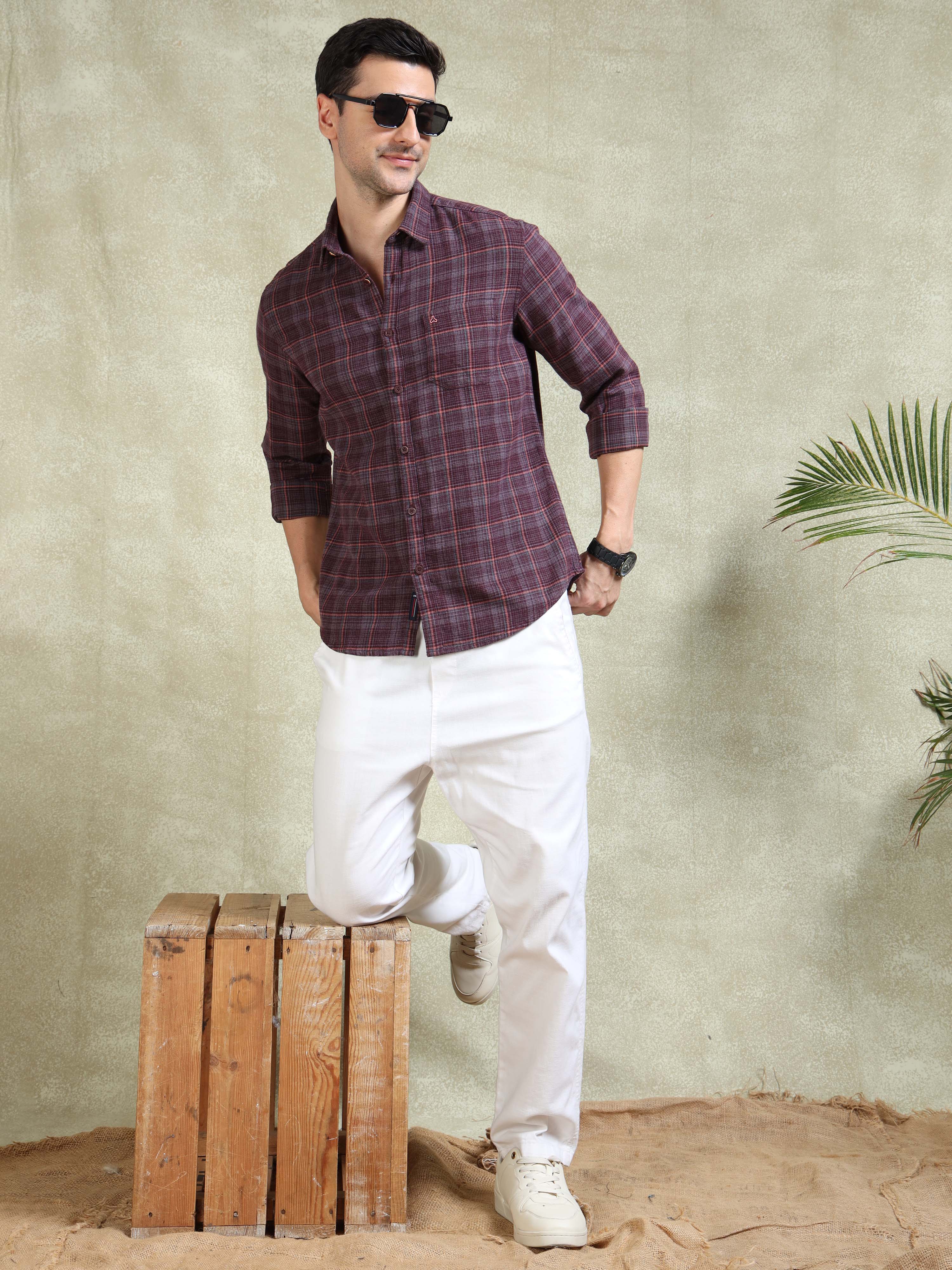 MEN'S WINE BRUSHING CHECKS SLIM FIT SHIRT