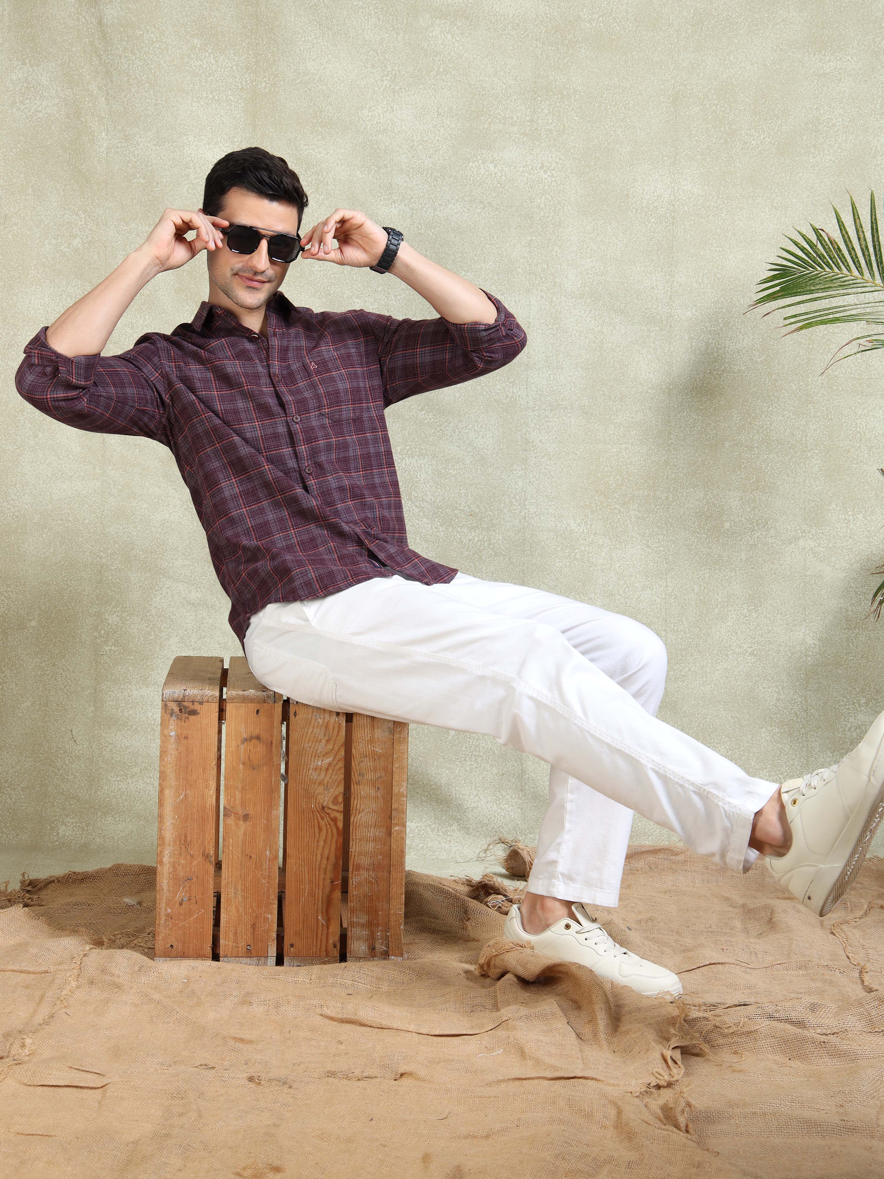 MEN'S WINE BRUSHING CHECKS SLIM FIT SHIRT