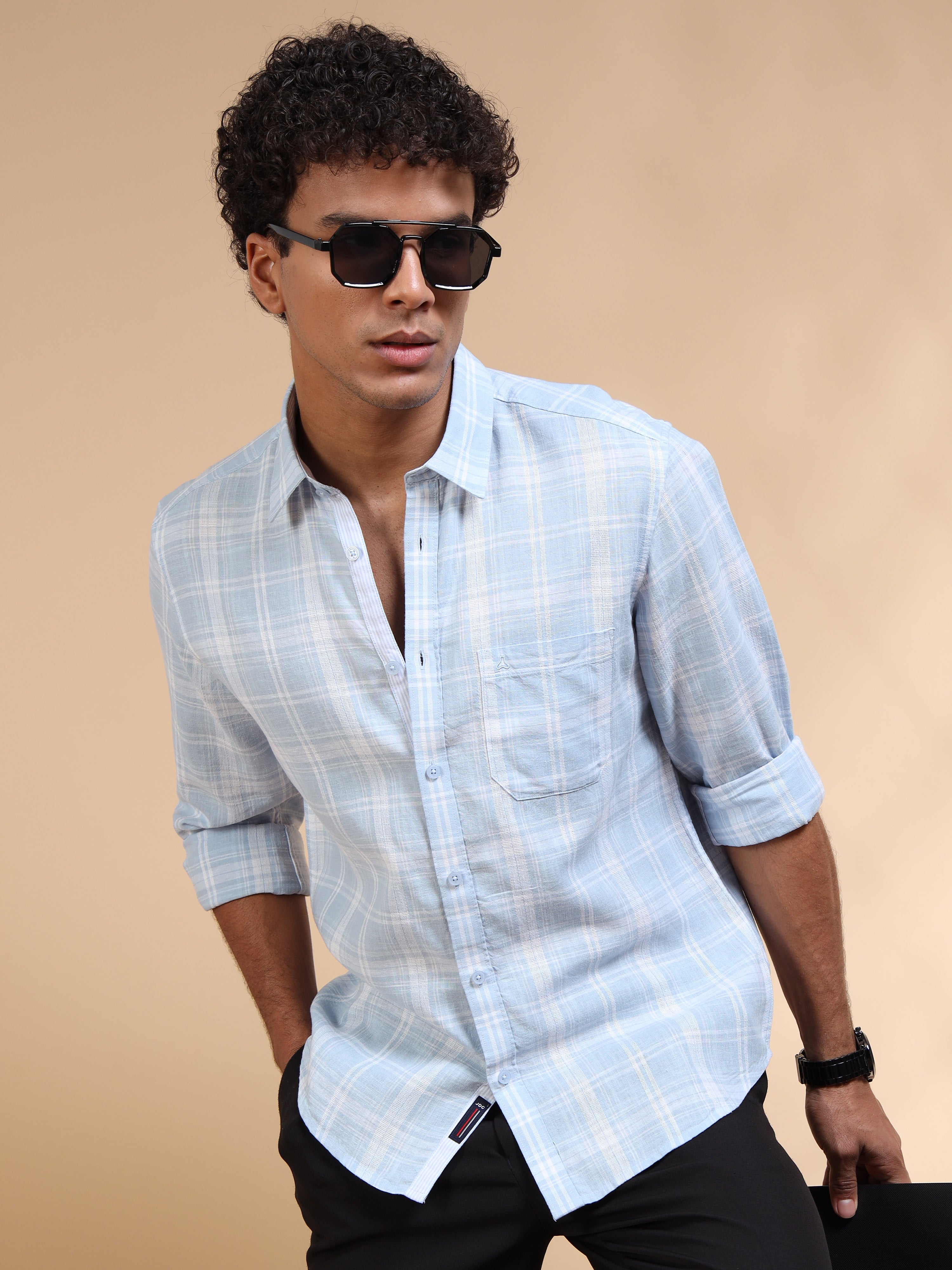 MEN'S LT.BLUE CHECKS SLIM FIT SHIRT