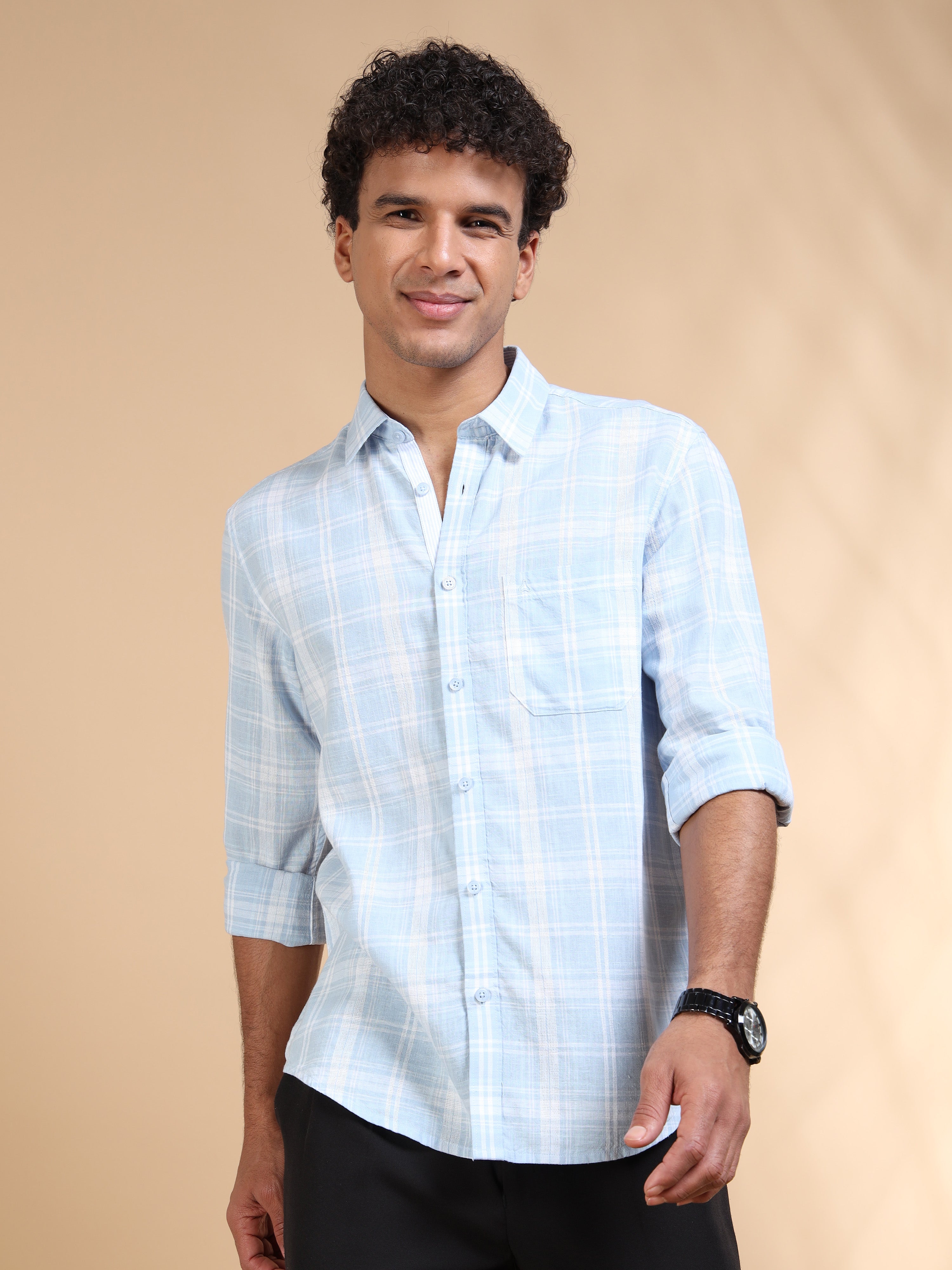 MEN'S LT.BLUE CHECKS SLIM FIT SHIRT