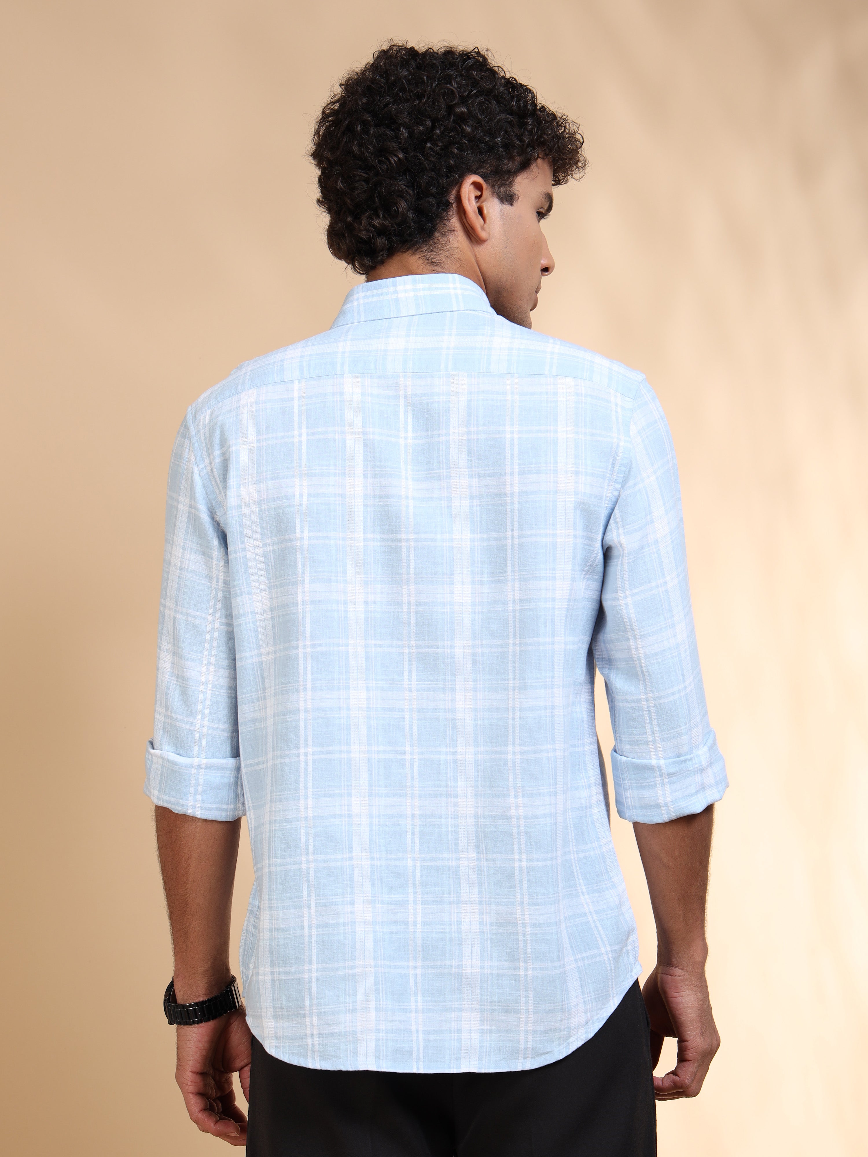 MEN'S LT.BLUE CHECKS SLIM FIT SHIRT