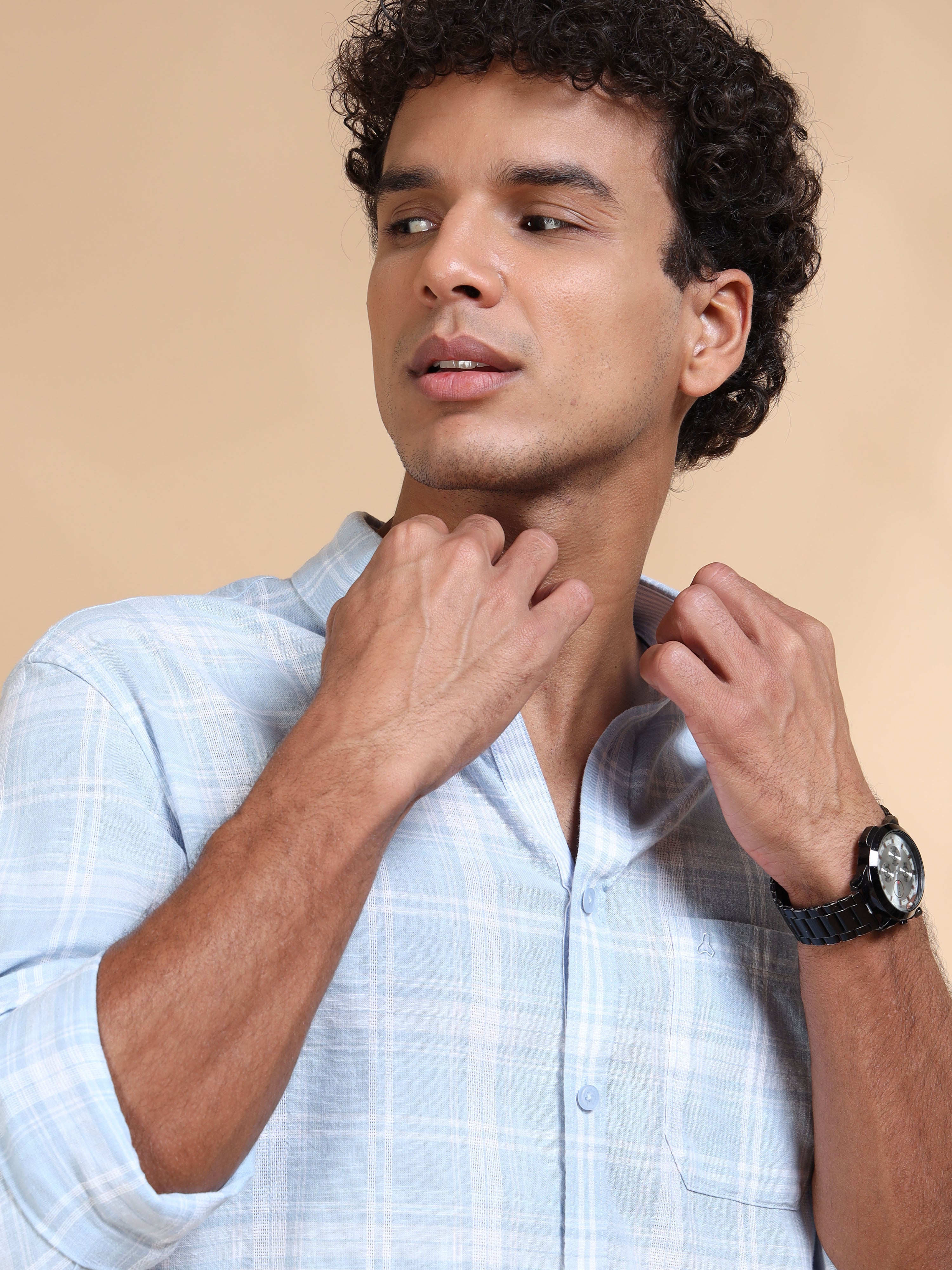 MEN'S LT.BLUE CHECKS SLIM FIT SHIRT