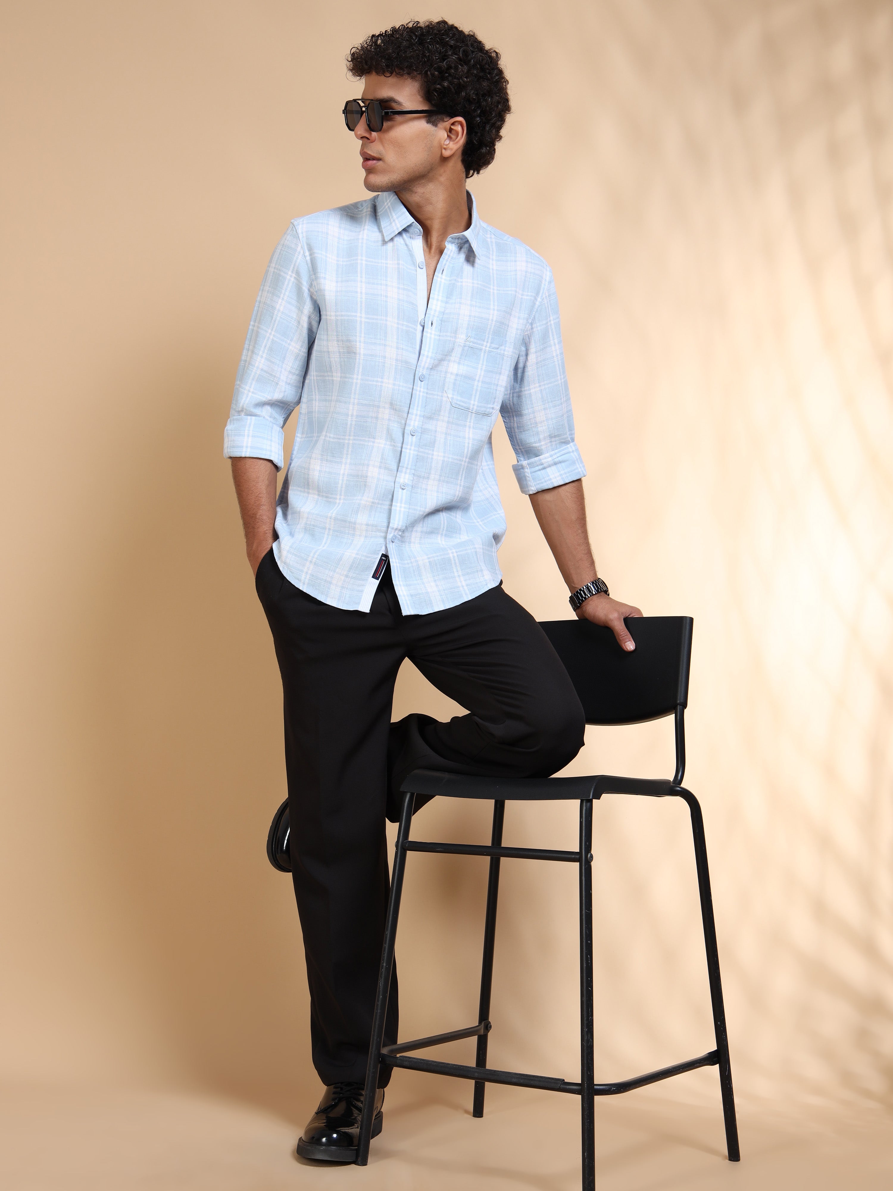 MEN'S LT.BLUE CHECKS SLIM FIT SHIRT