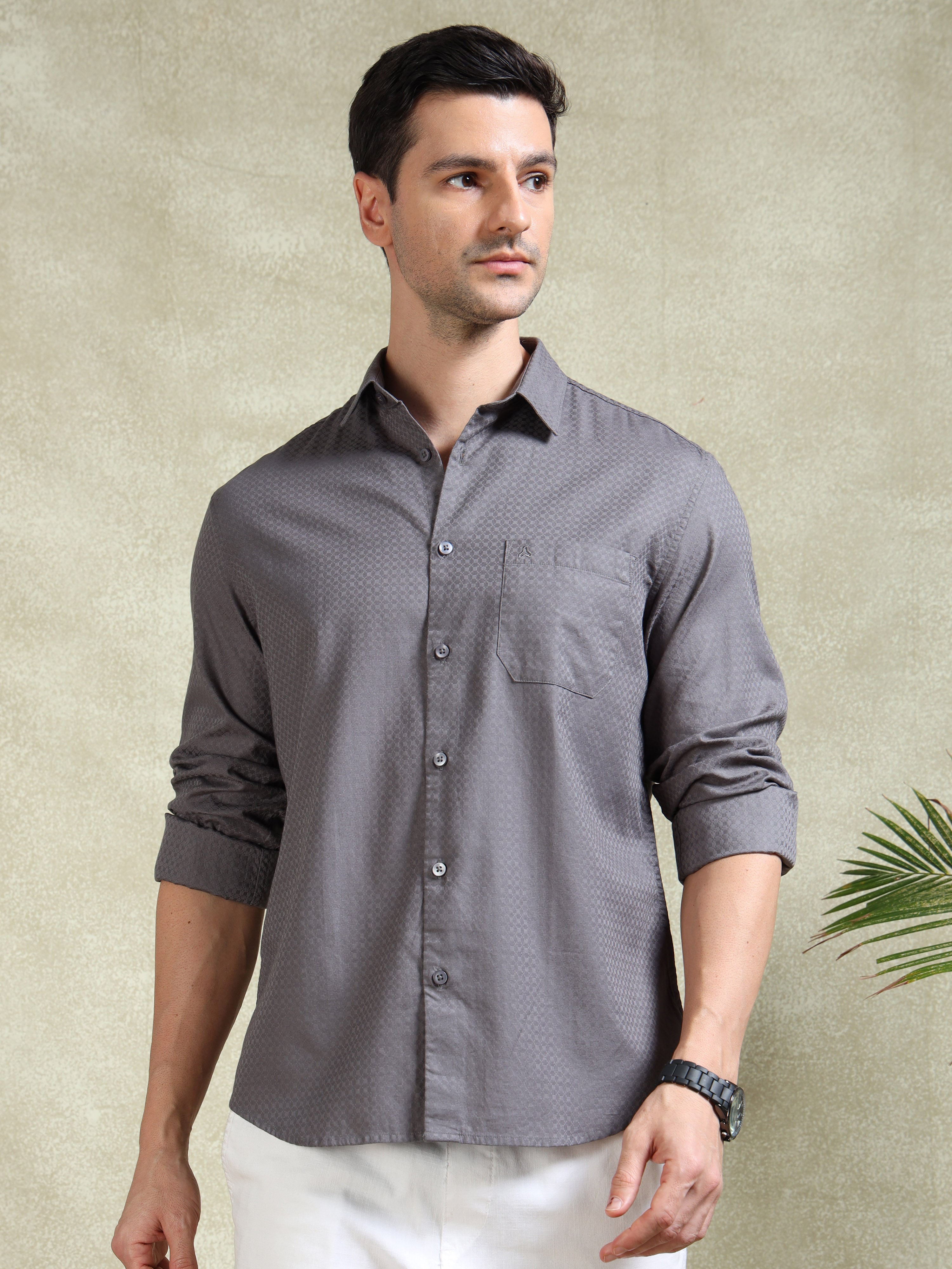 MEN'S GREY SELF DESIGN SLIM FIT SHIRT