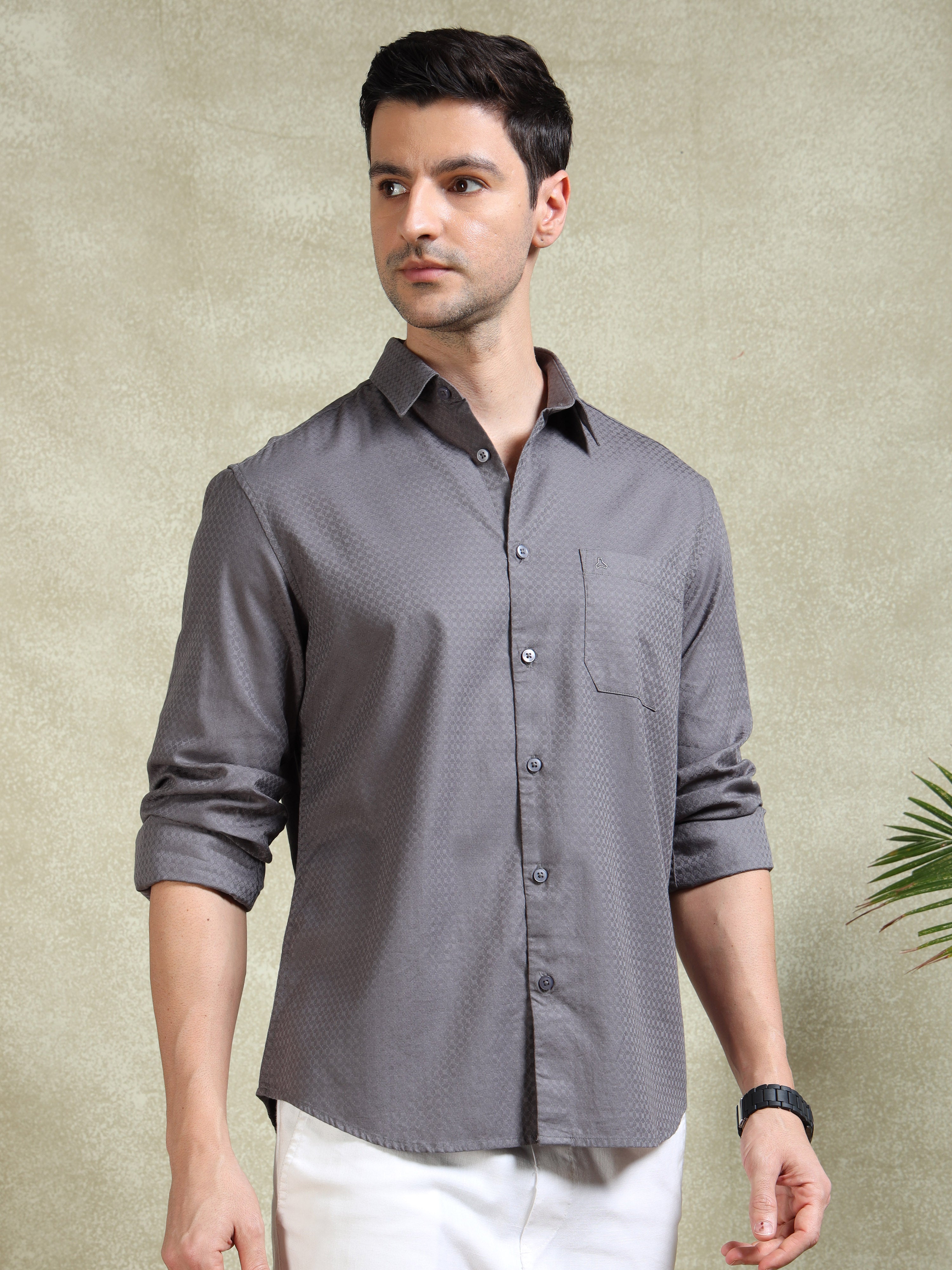 MEN'S GREY SELF DESIGN SLIM FIT SHIRT