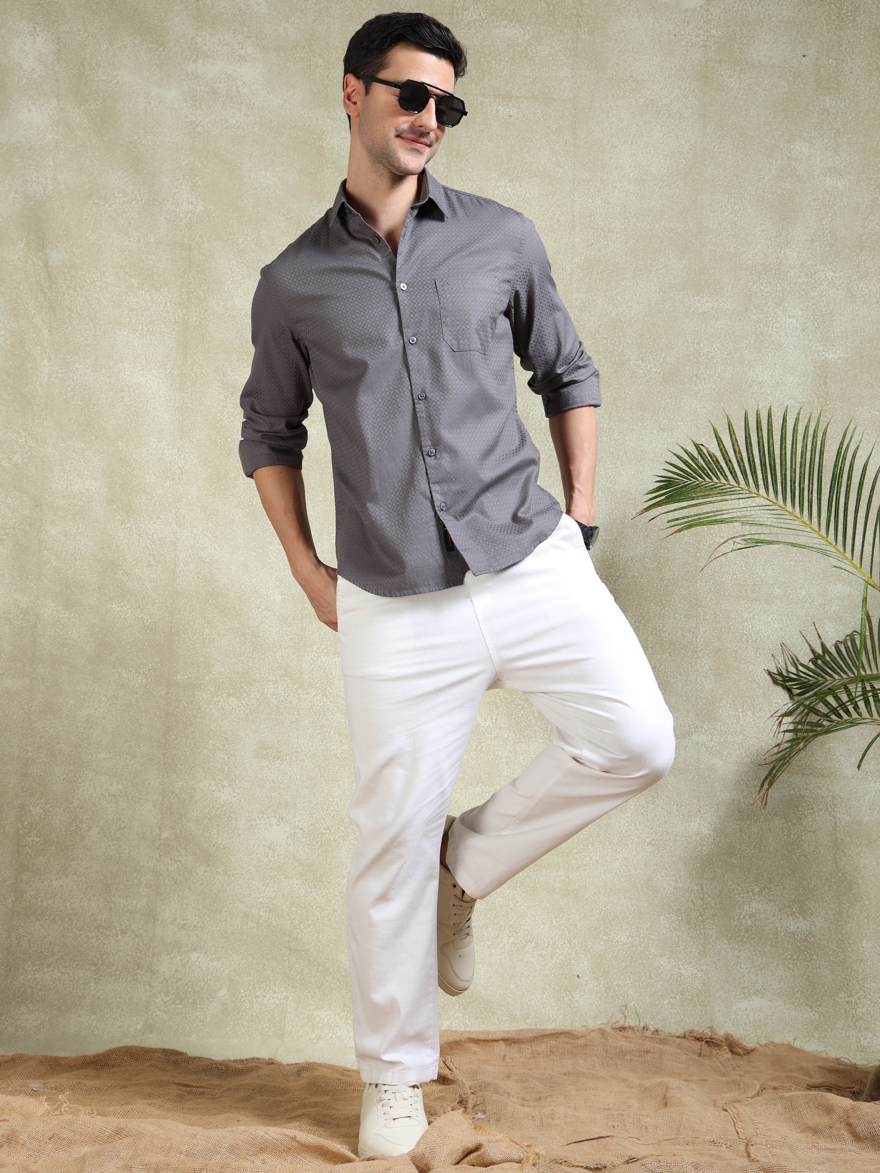 MEN'S GREY SELF DESIGN SLIM FIT SHIRT