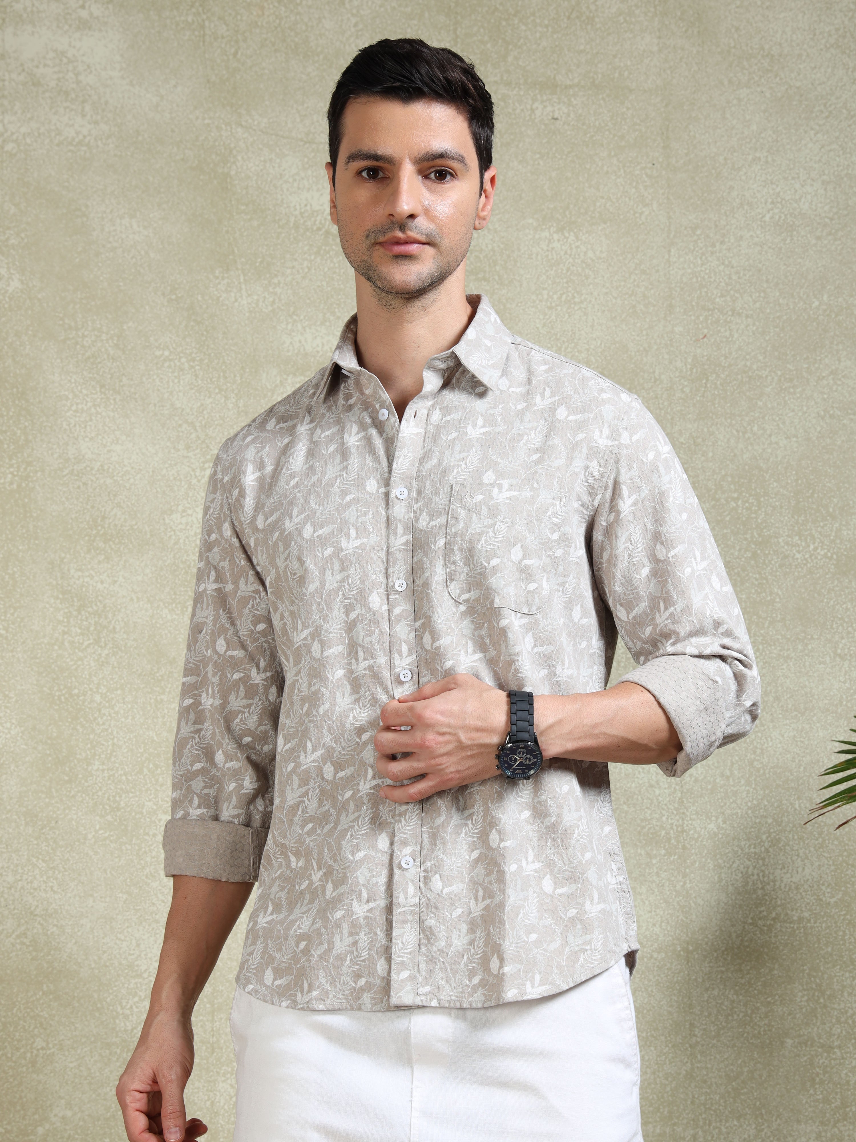 MEN'S LT.BEIGE PRINT SLIM FIT SHIRT