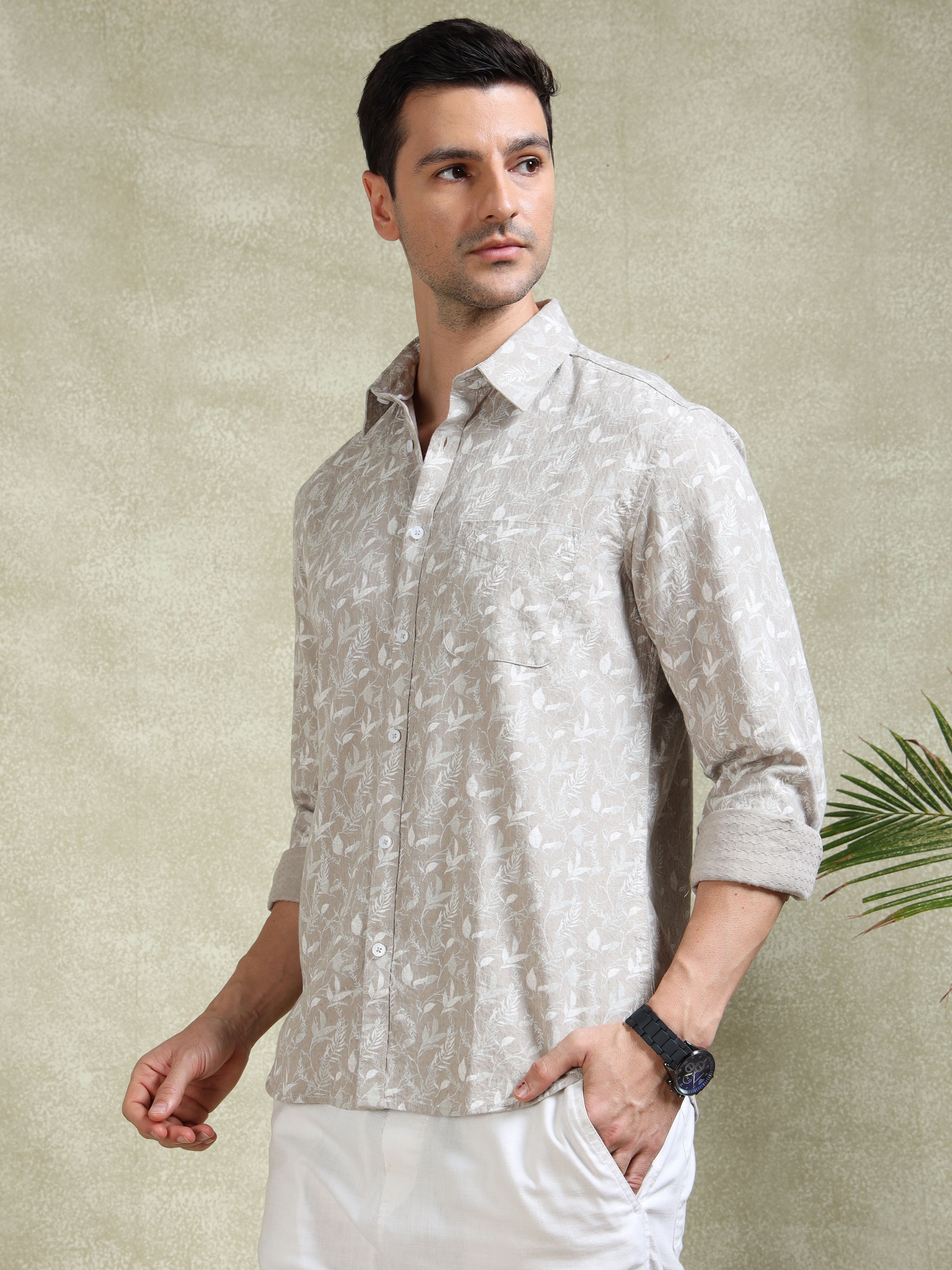 MEN'S LT.BEIGE PRINT SLIM FIT SHIRT