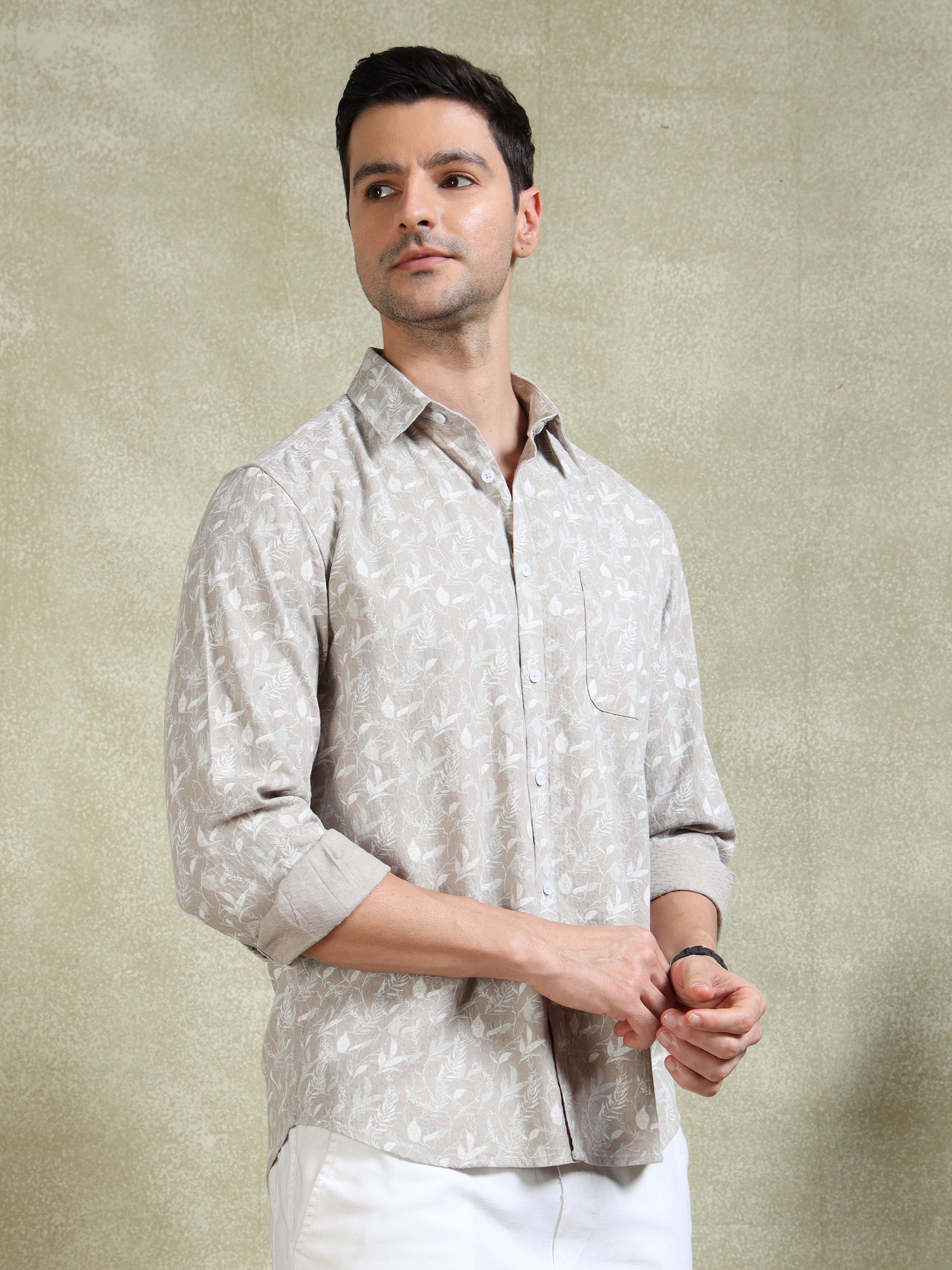 MEN'S LT.BEIGE PRINT SLIM FIT SHIRT