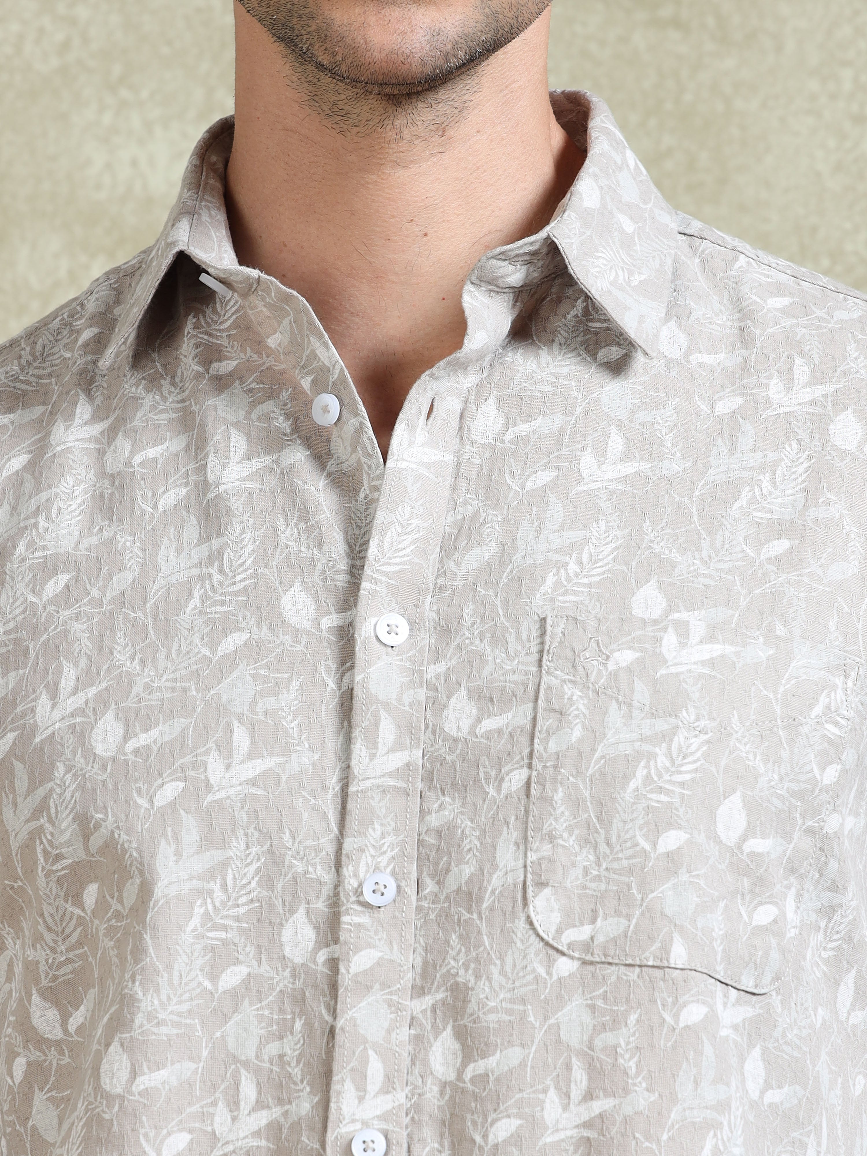 MEN'S LT.BEIGE PRINT SLIM FIT SHIRT