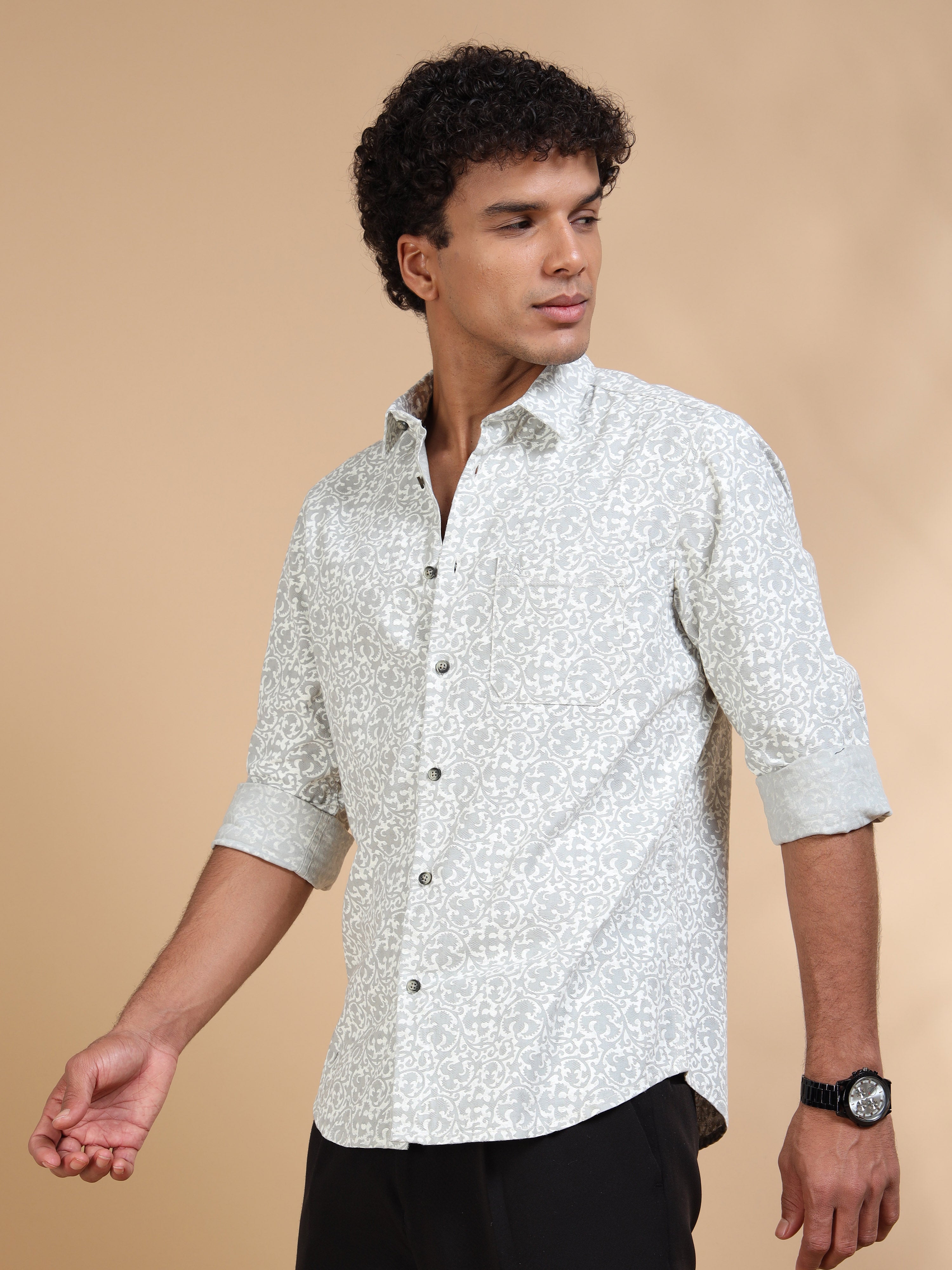 MEN'S DK.GREY PRINT SLIM FIT SHIRT