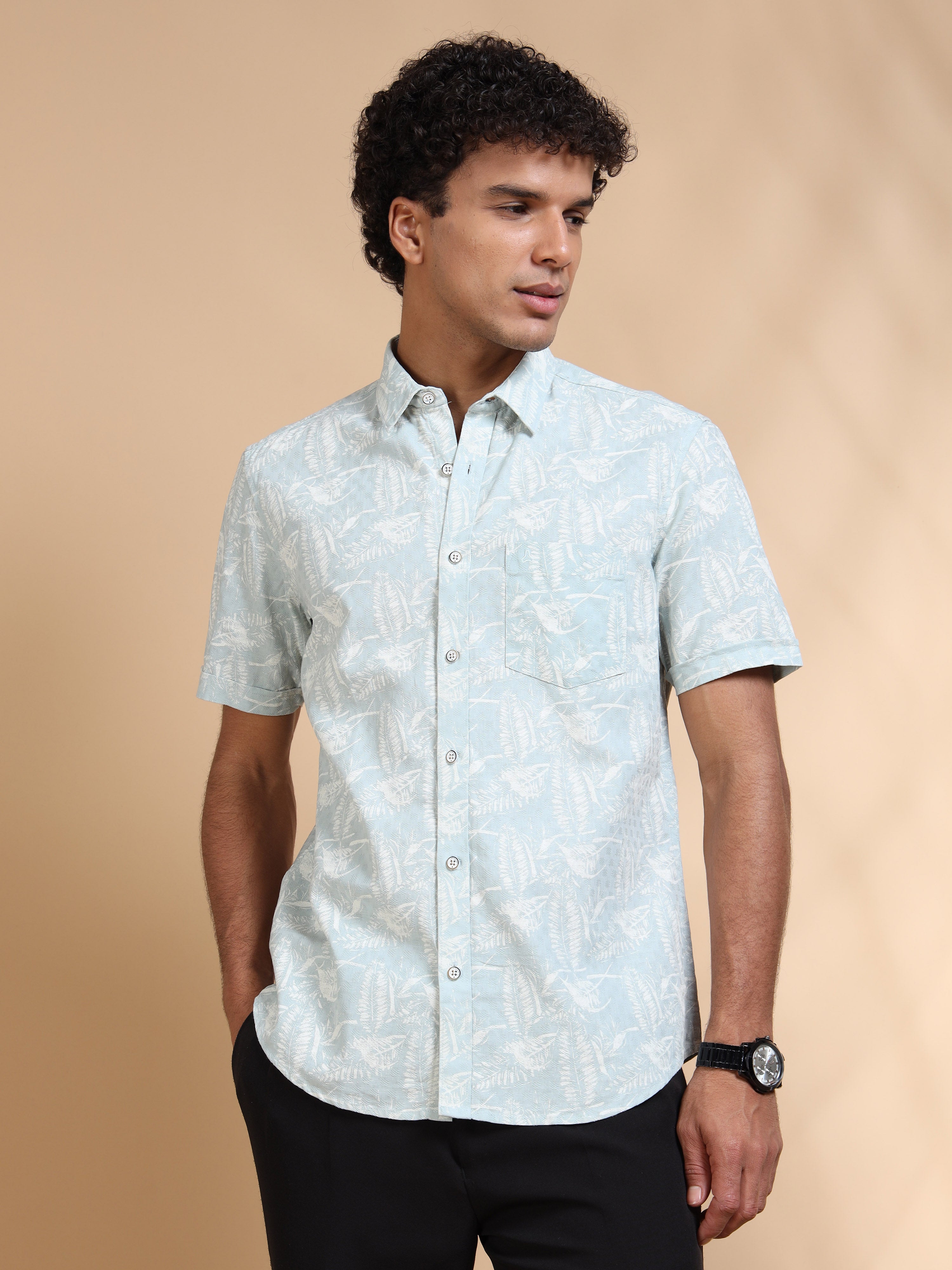 MEN'S LT.BLUE PRINT SLIM FIT SHIRT