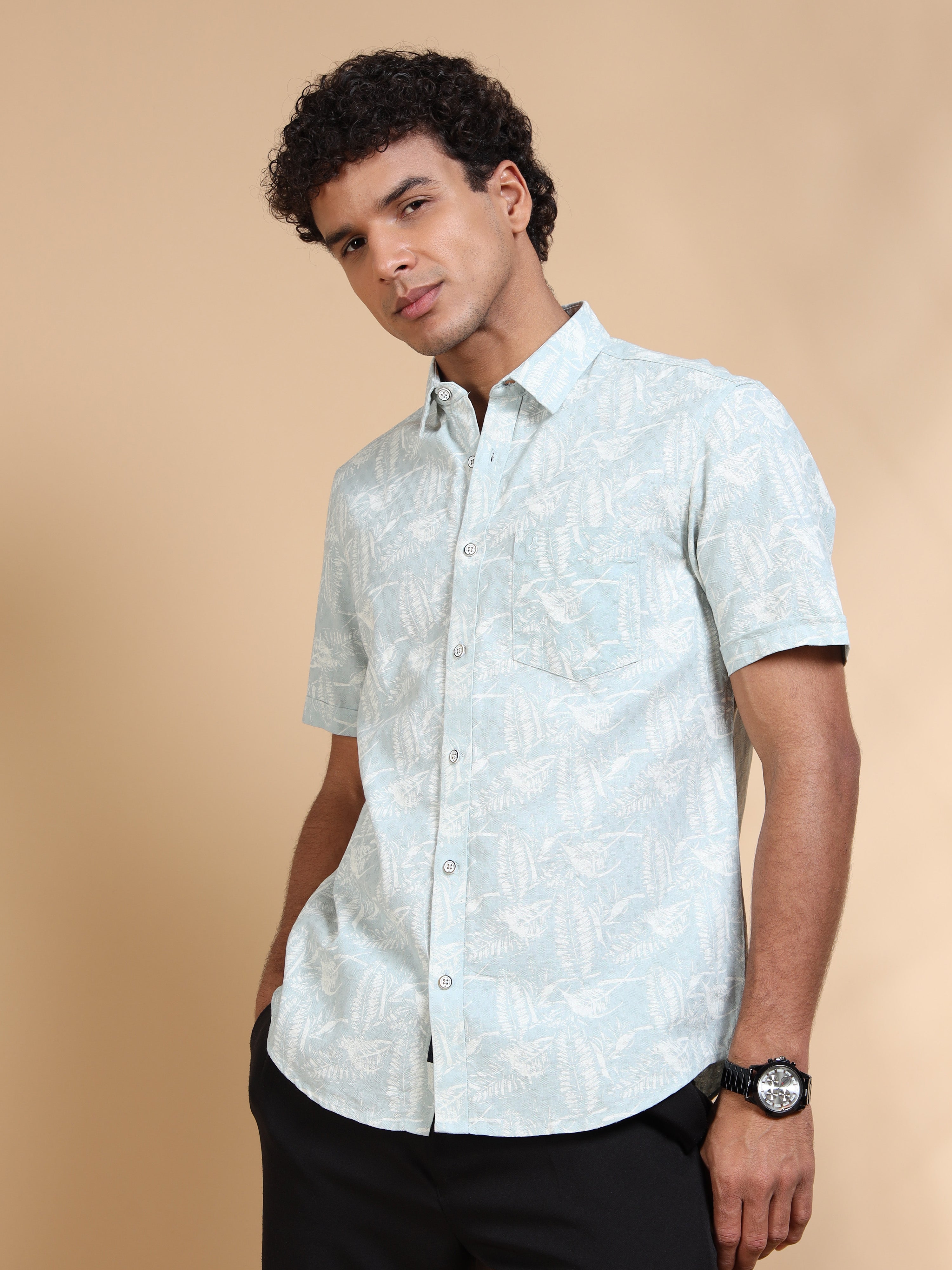 MEN'S LT.BLUE PRINT SLIM FIT SHIRT