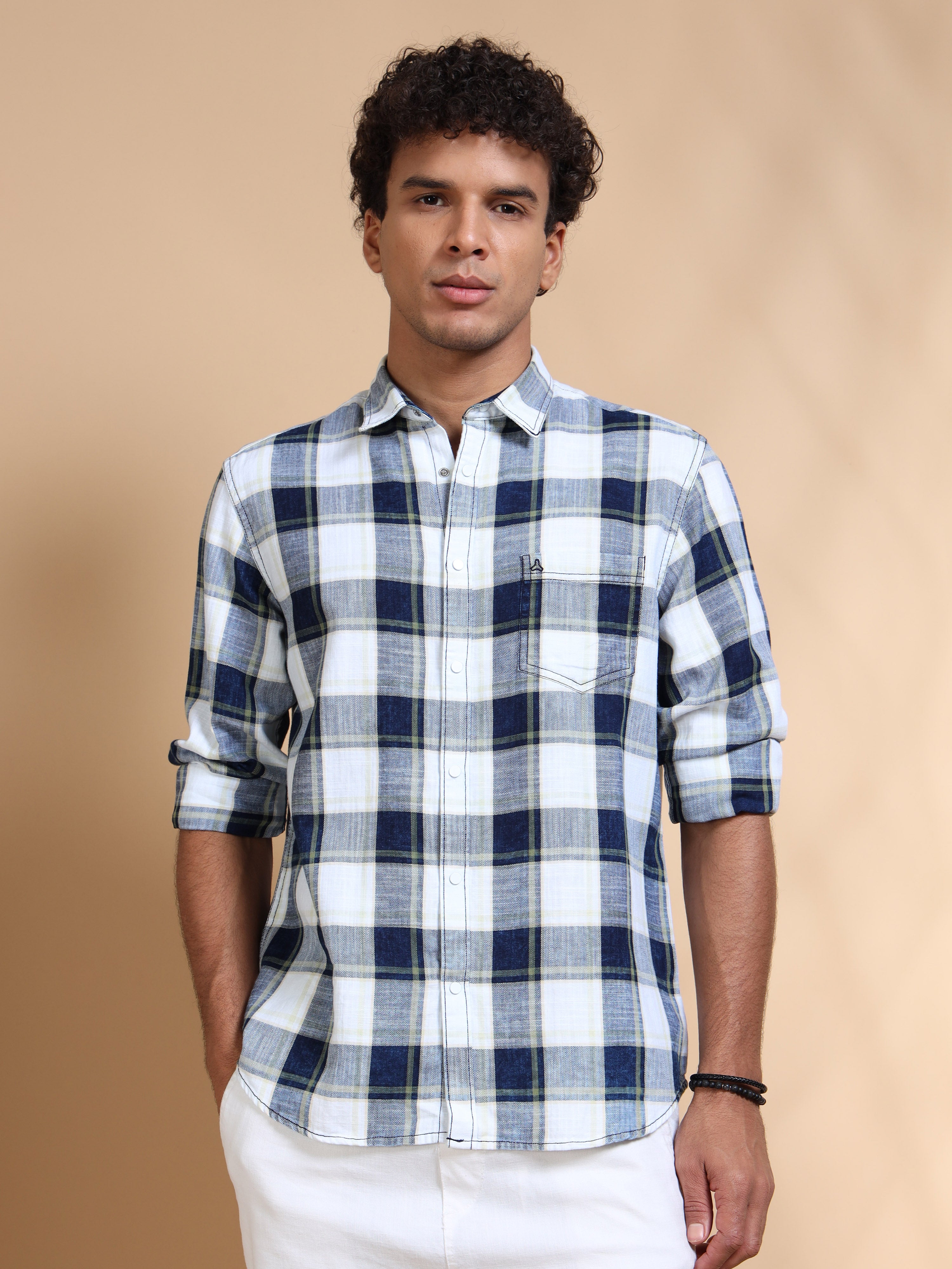 MEN'S GREEN INDIGO CHECKS SLIM FIT SHIRT