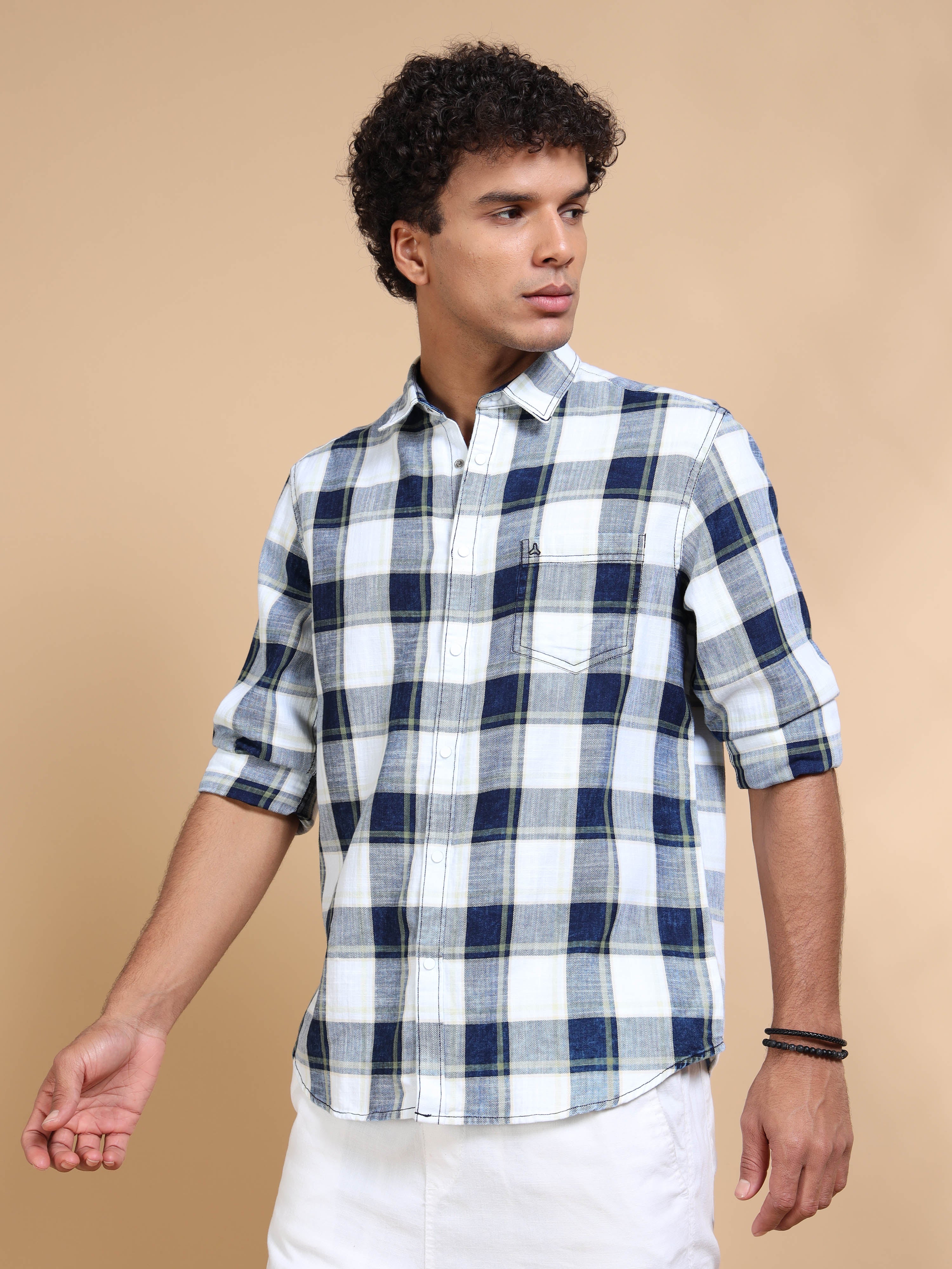 MEN'S GREEN INDIGO CHECKS SLIM FIT SHIRT