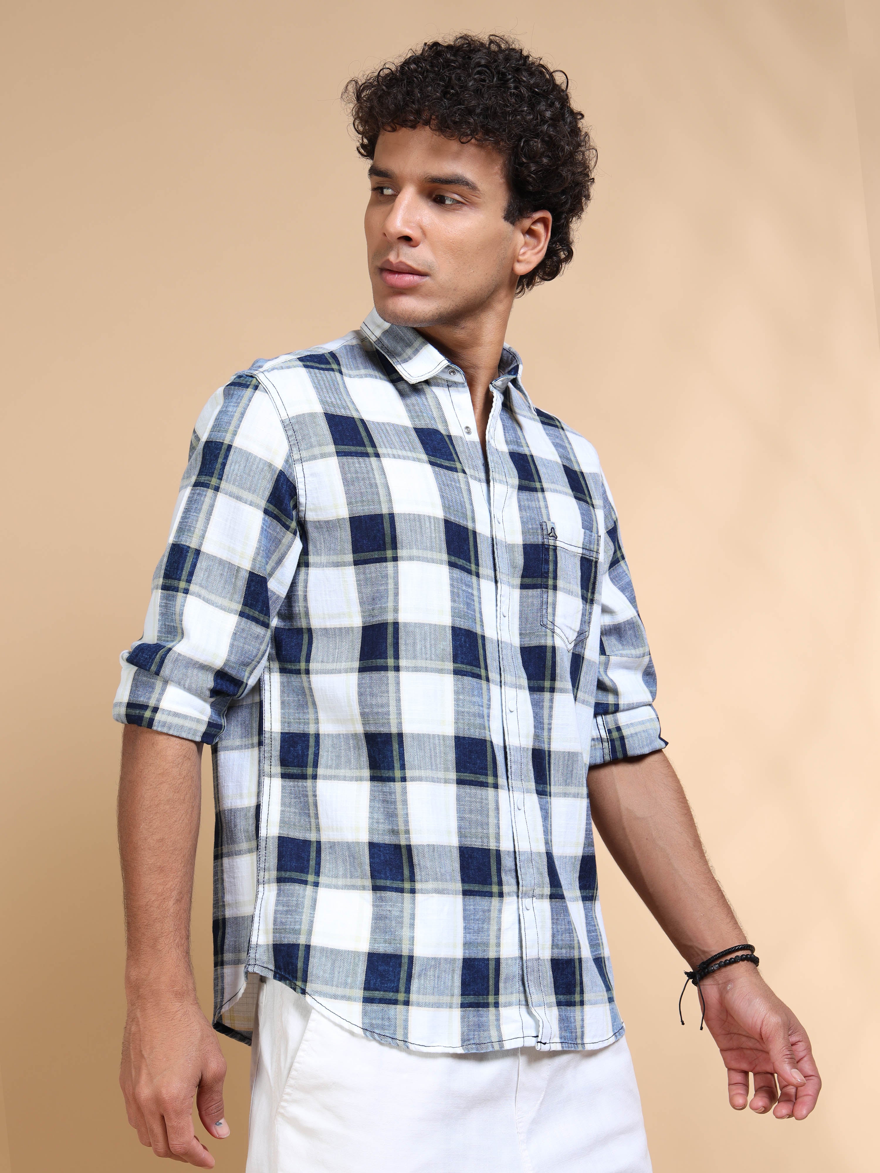 MEN'S GREEN INDIGO CHECKS SLIM FIT SHIRT