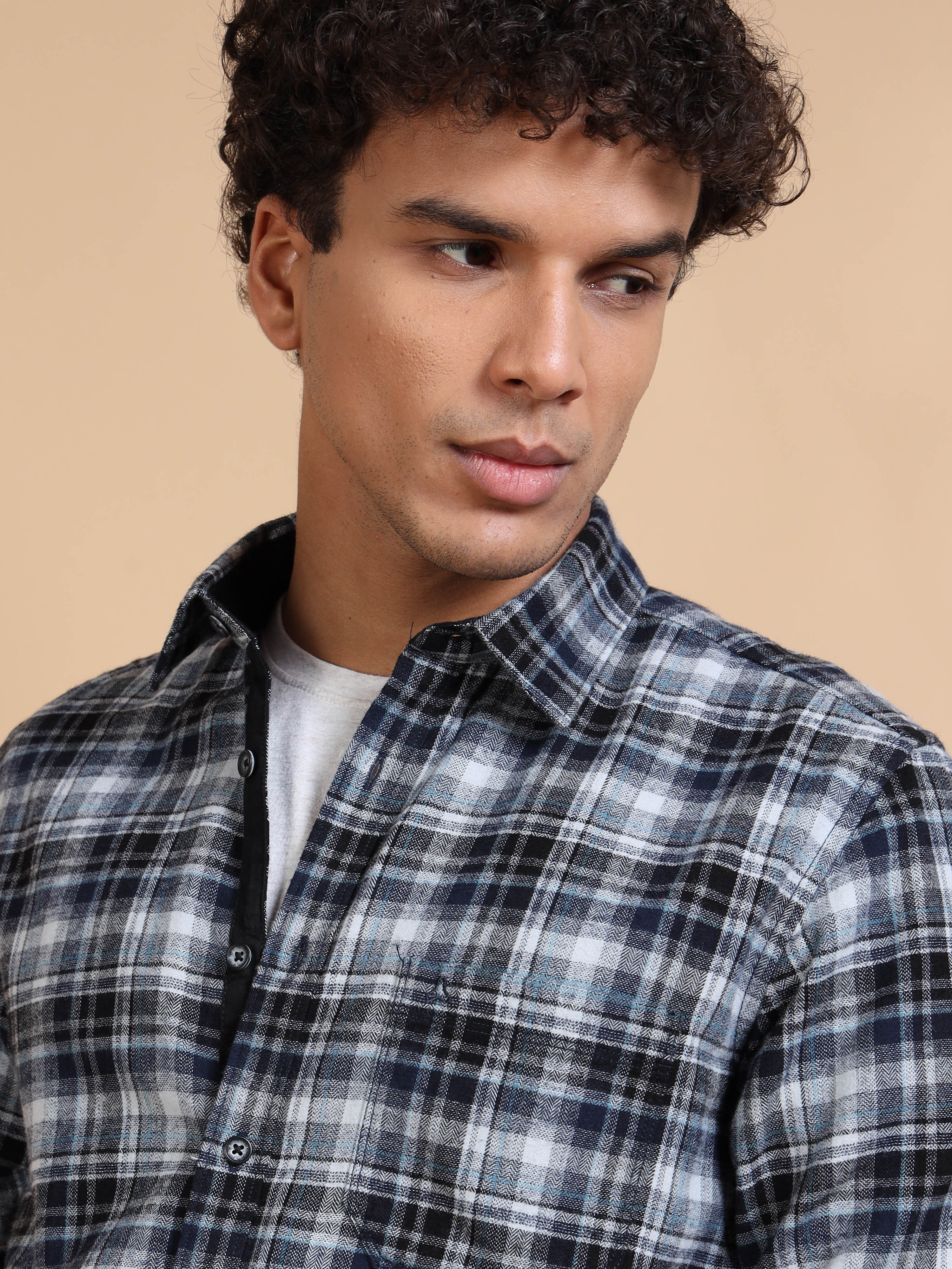 MEN'S LT.GREY BRUSHING CHECKS SLIM FIT SHIRT