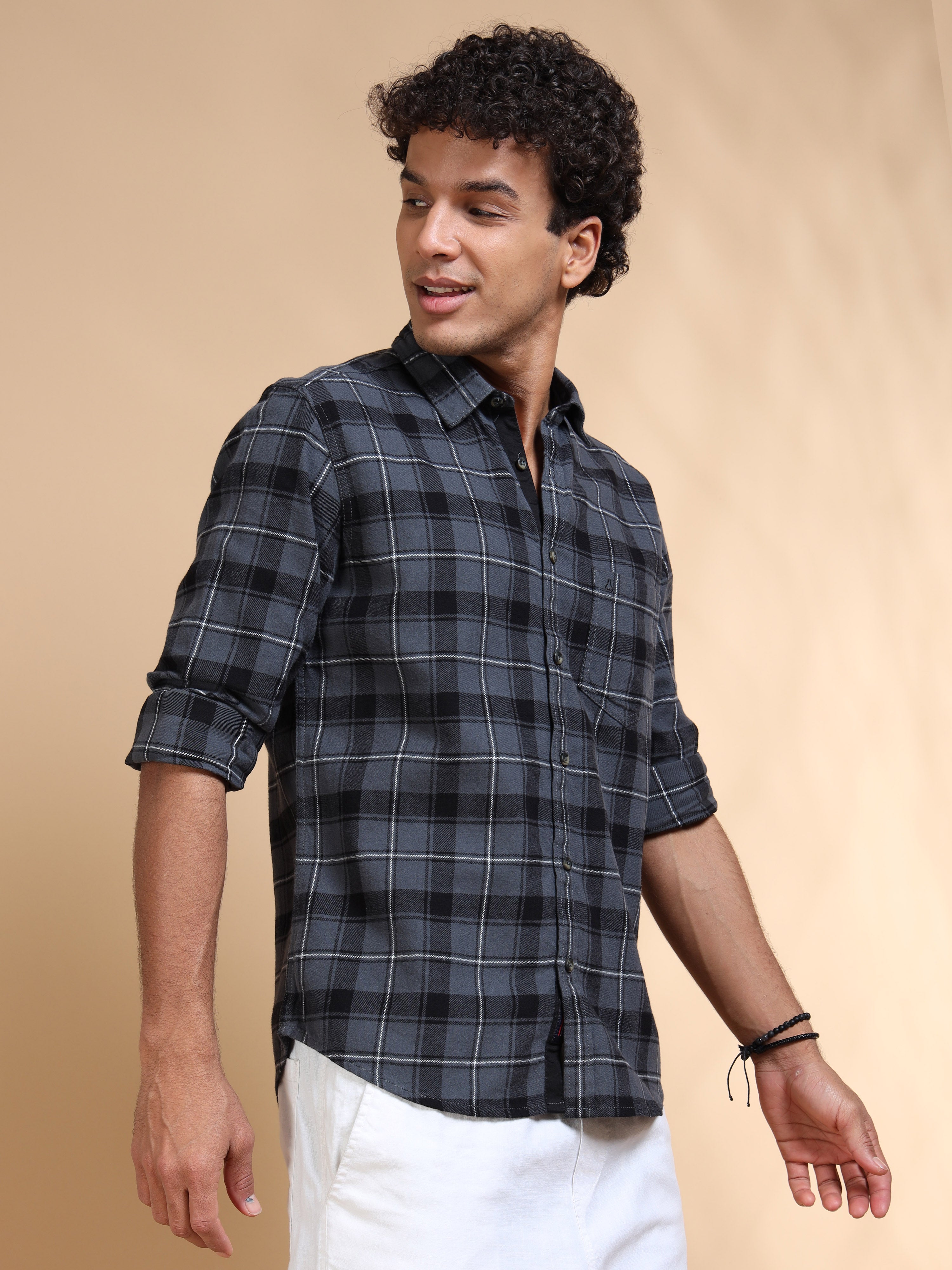 MEN'S DK.GREY BRUSHING CHECKS SLIM FIT SHIRT