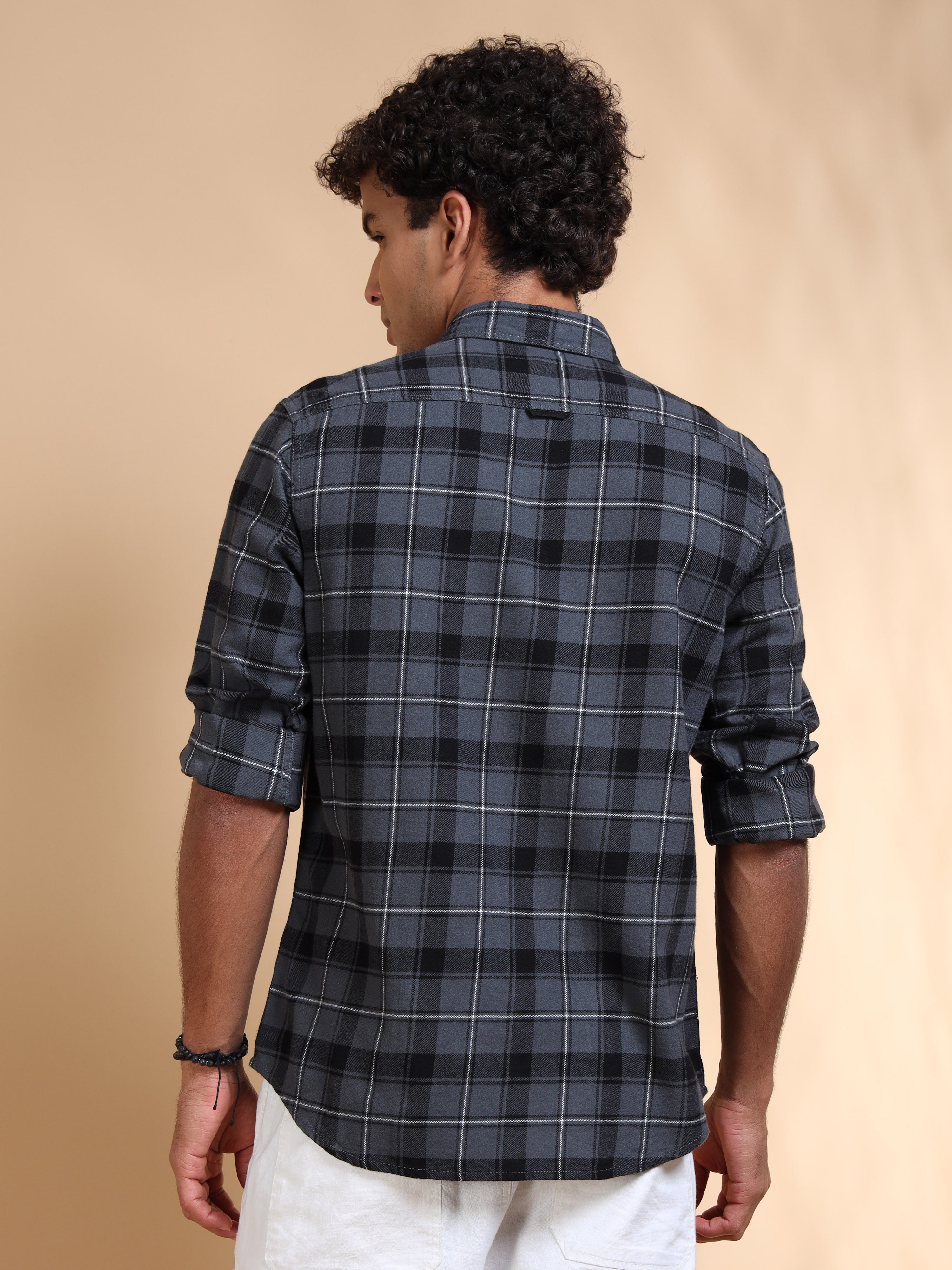 MEN'S DK.GREY BRUSHING CHECKS SLIM FIT SHIRT
