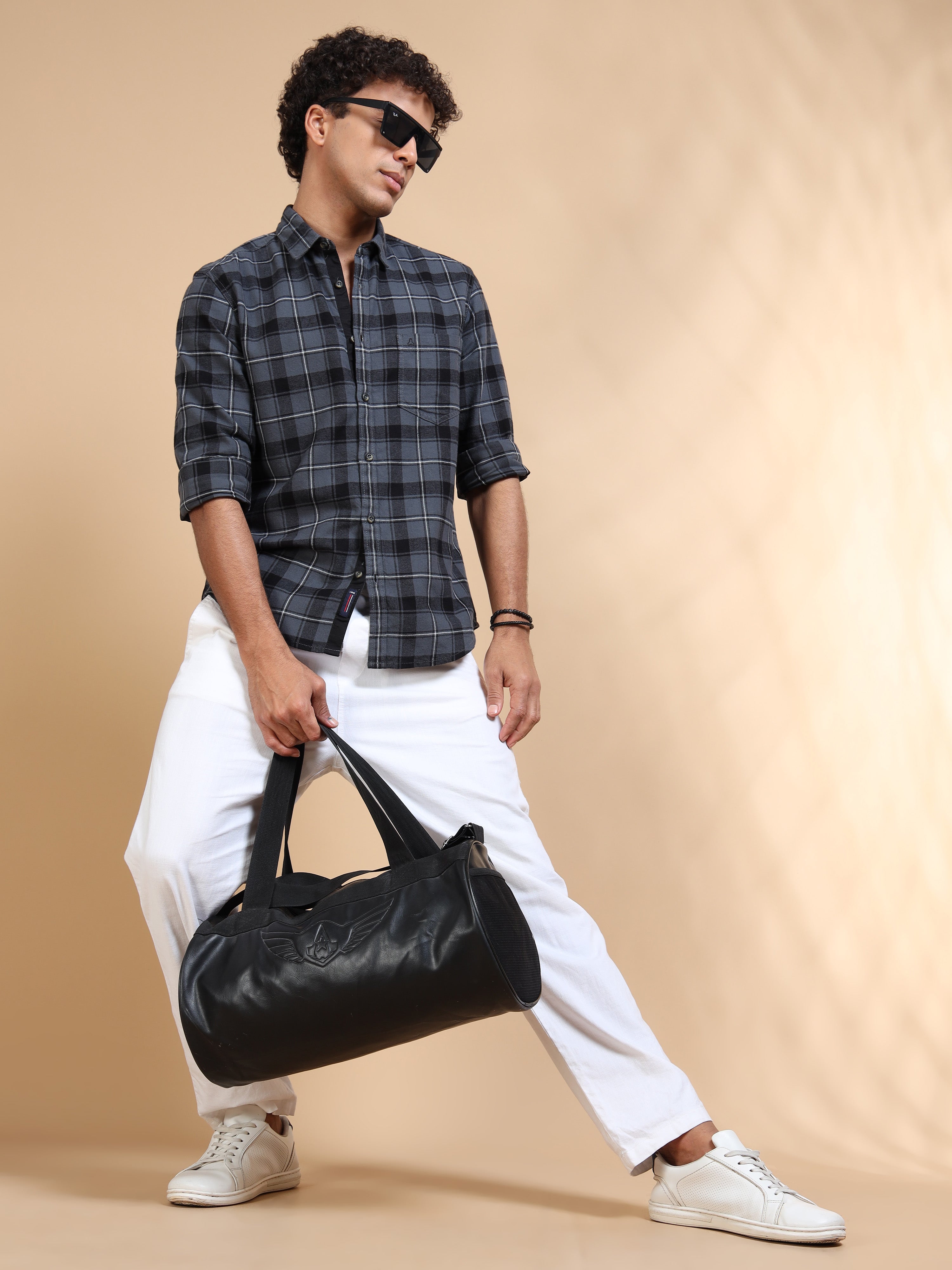 MEN'S DK.GREY BRUSHING CHECKS SLIM FIT SHIRT