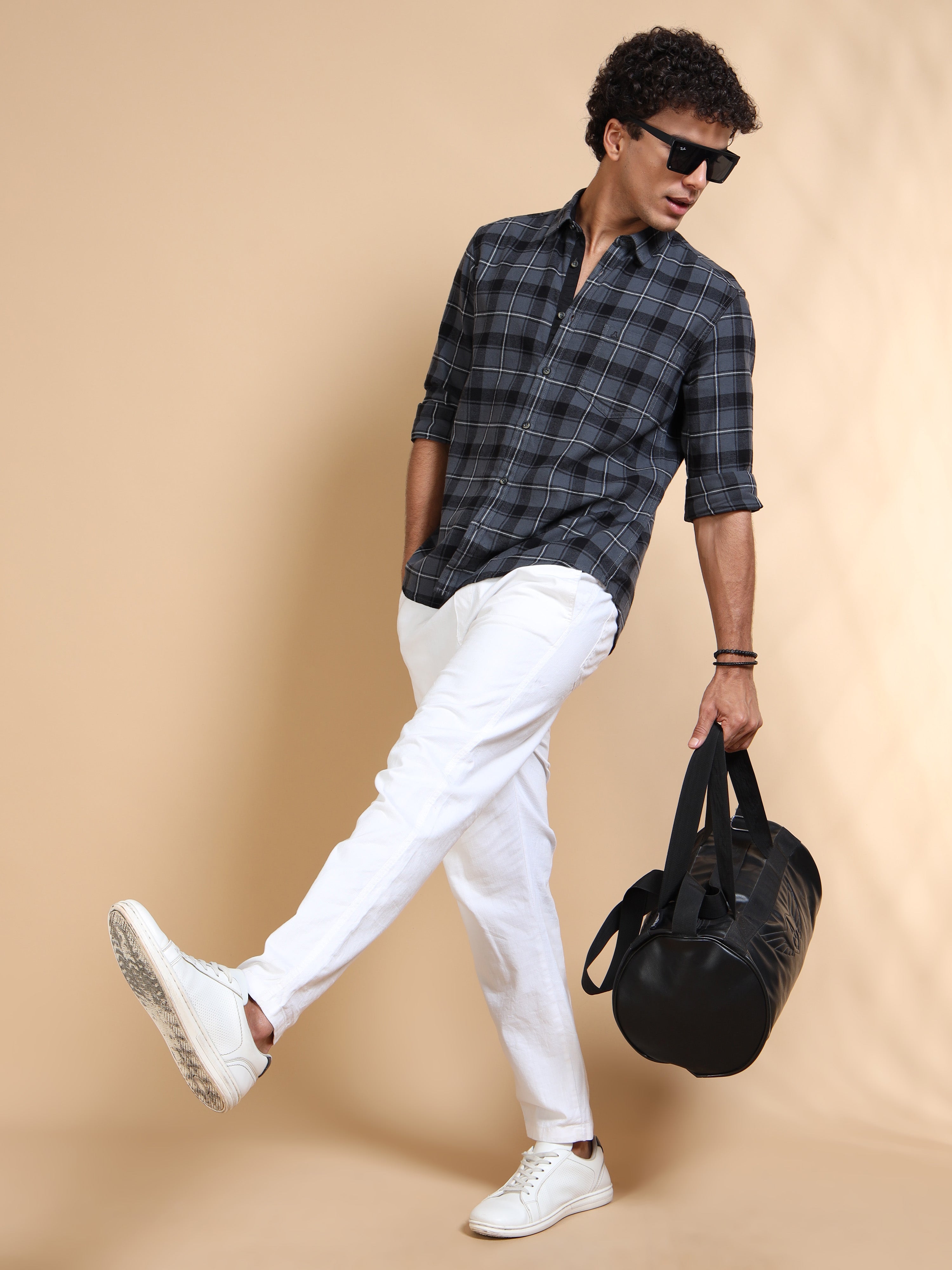 MEN'S DK.GREY BRUSHING CHECKS SLIM FIT SHIRT