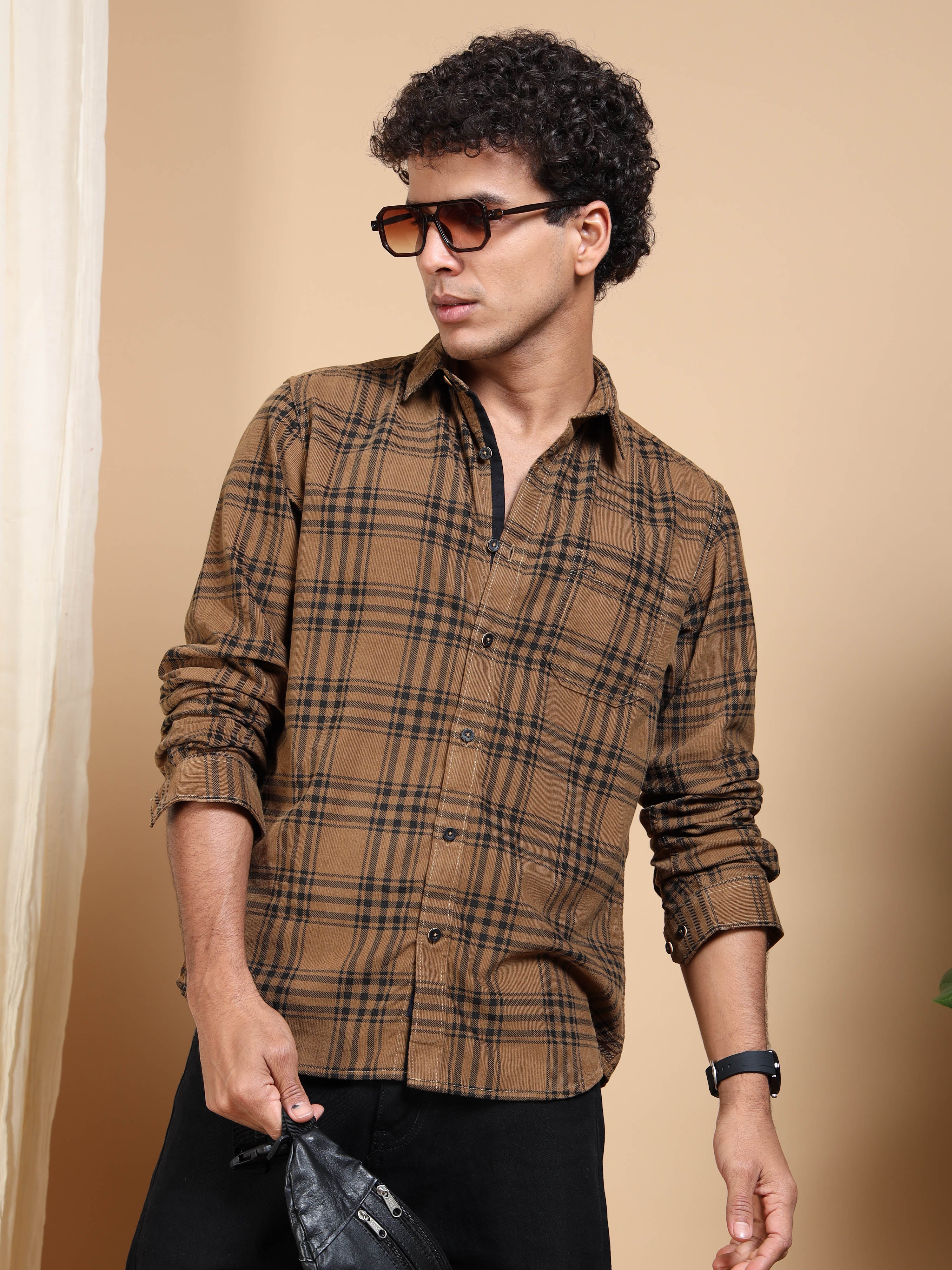 MEN'S DK.KHAKI CHECKS SLIM FIT SHIRT