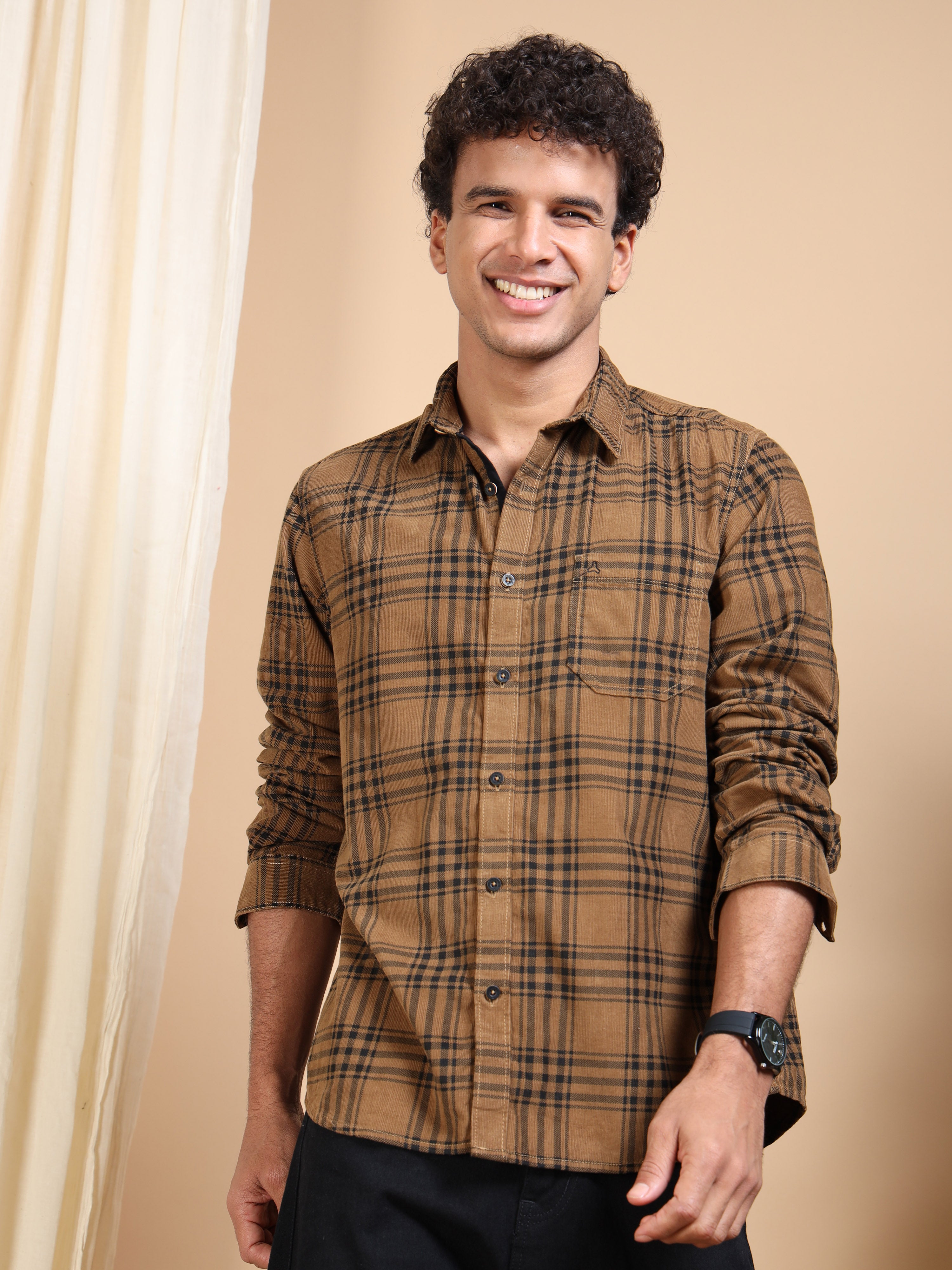 MEN'S DK.KHAKI CHECKS SLIM FIT SHIRT