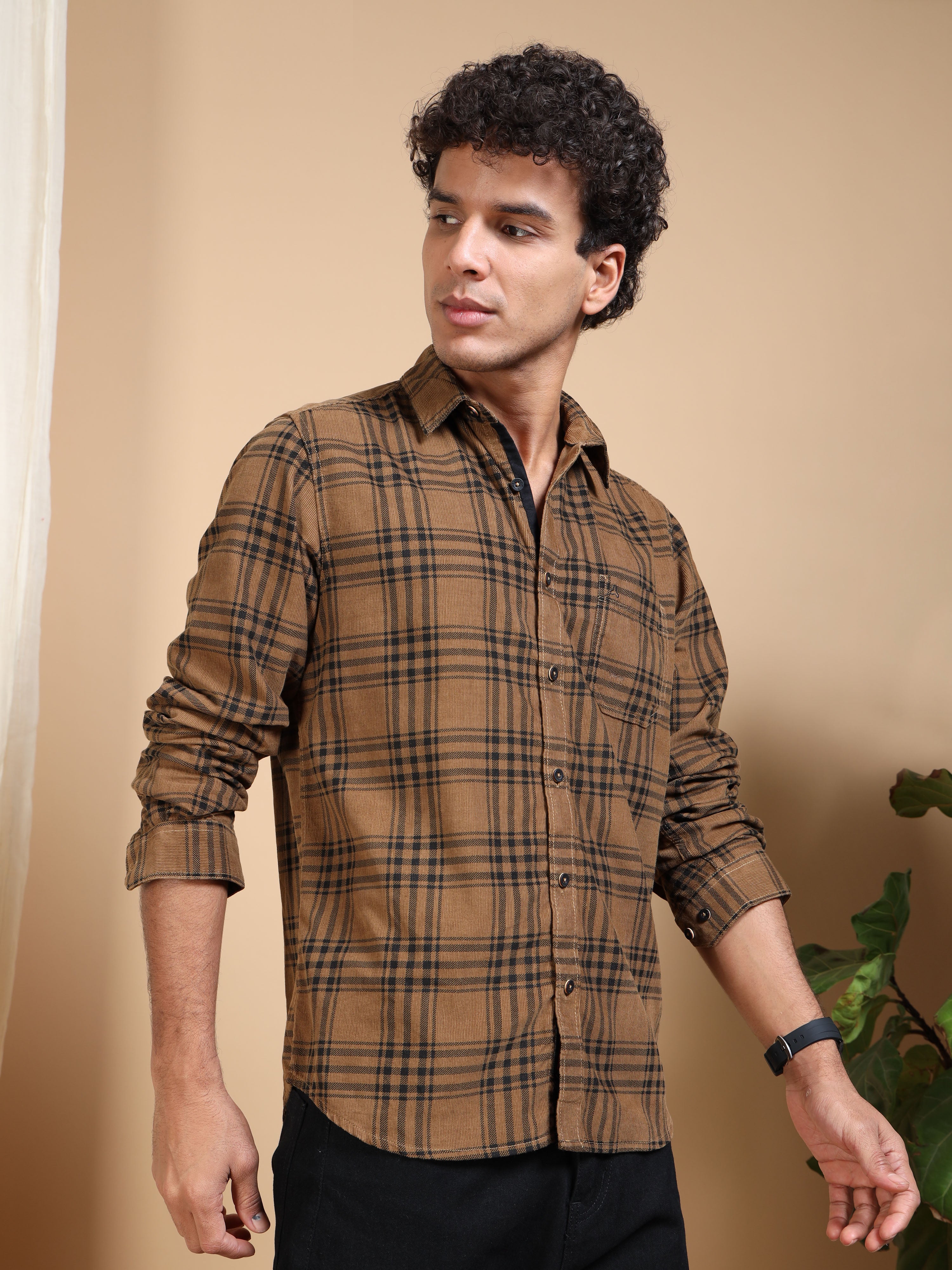 MEN'S DK.KHAKI CHECKS SLIM FIT SHIRT