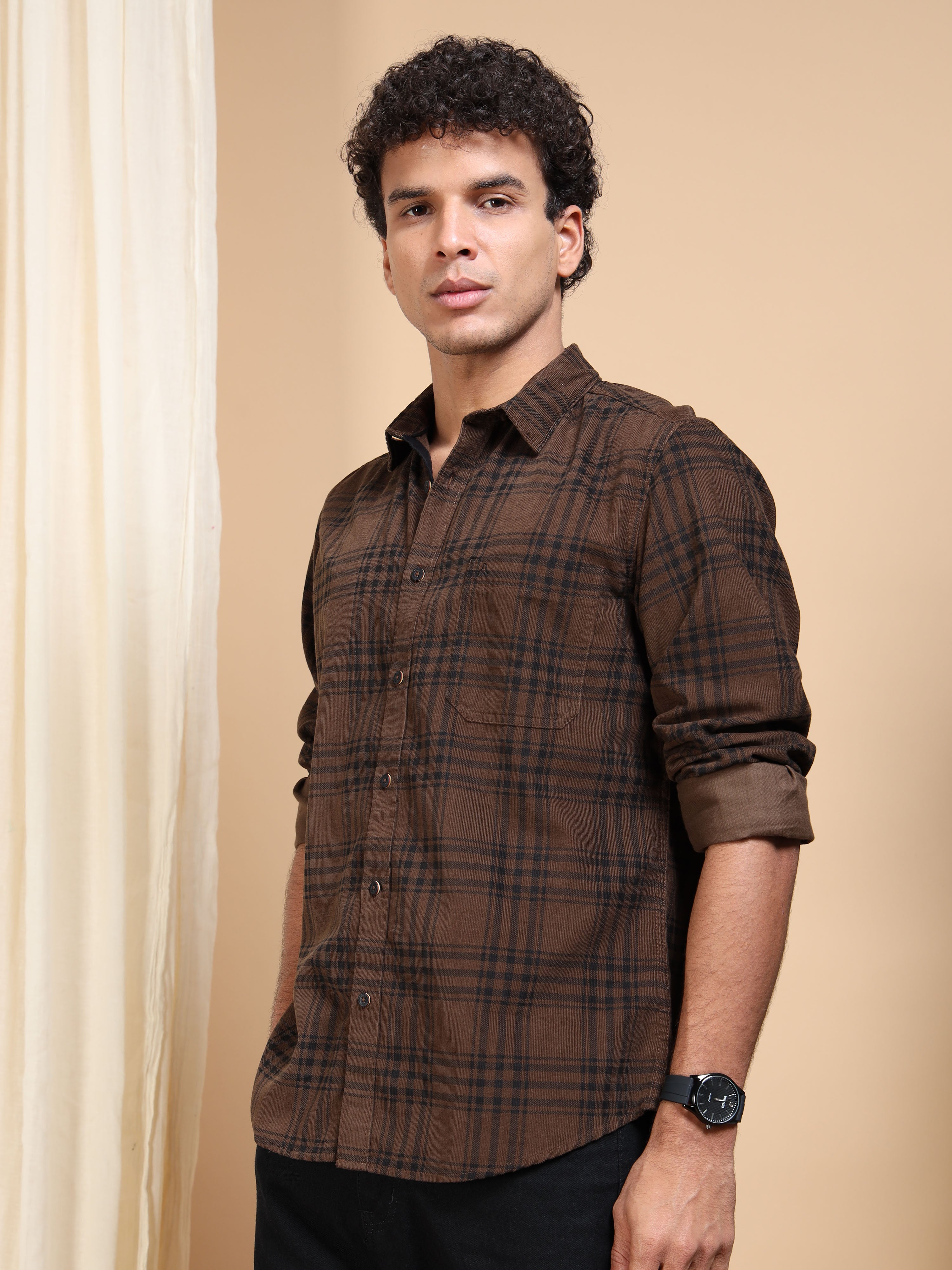 MEN'S BROWN CHECKS SLIM FIT SHIRT