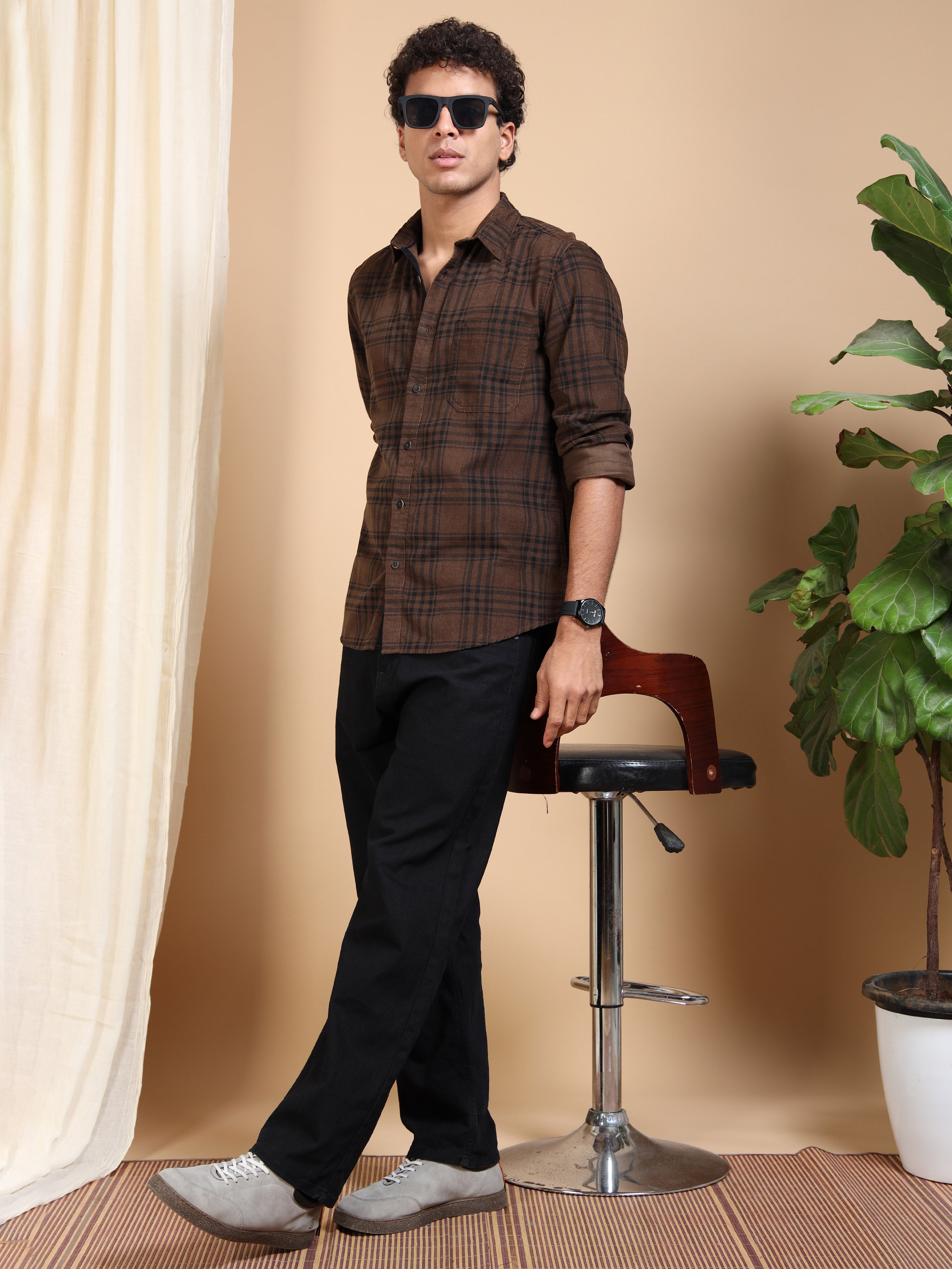 MEN'S BROWN CHECKS SLIM FIT SHIRT