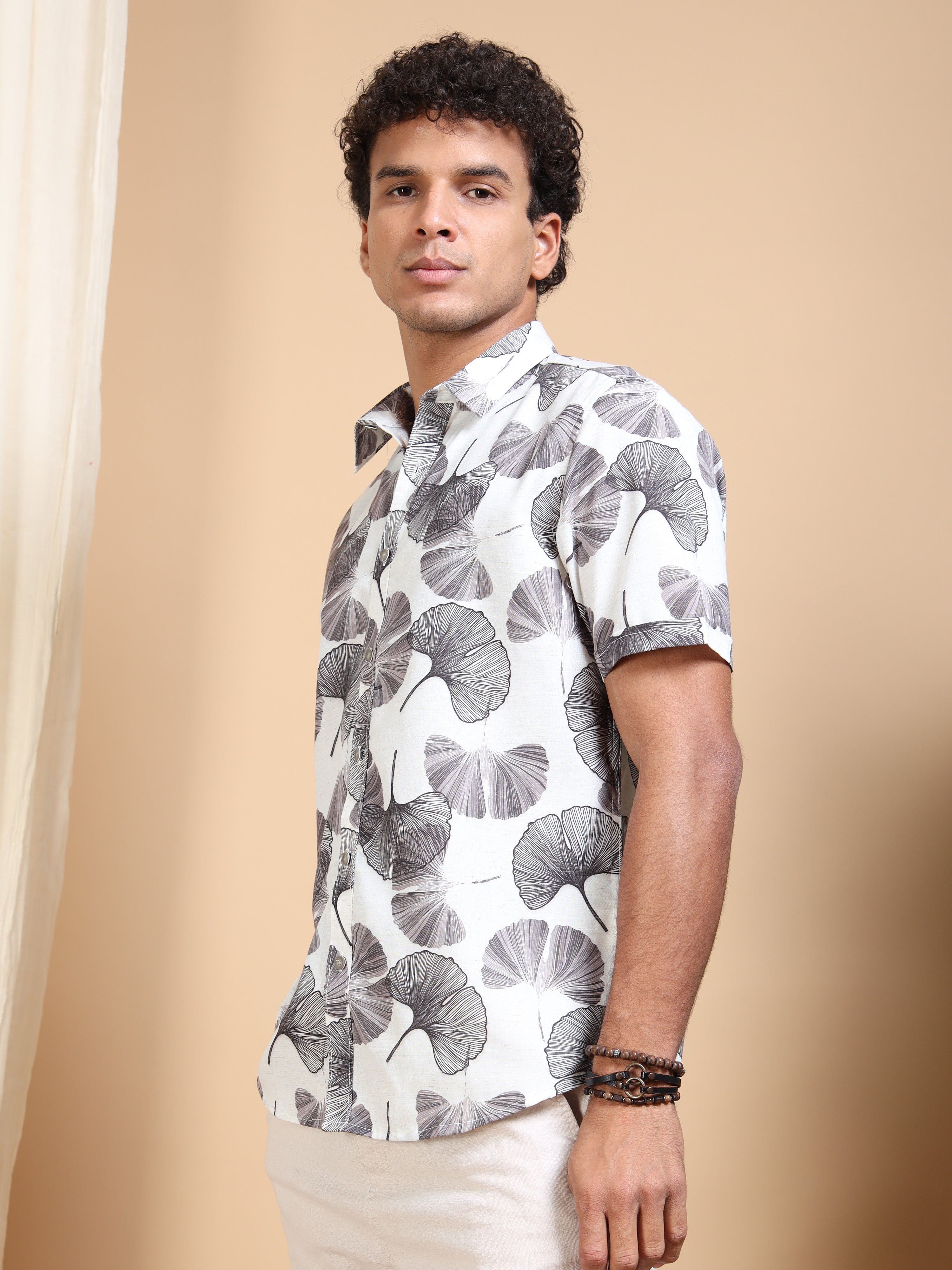 MEN'S LT.BROWN PRINT SLIM FIT SHIRT