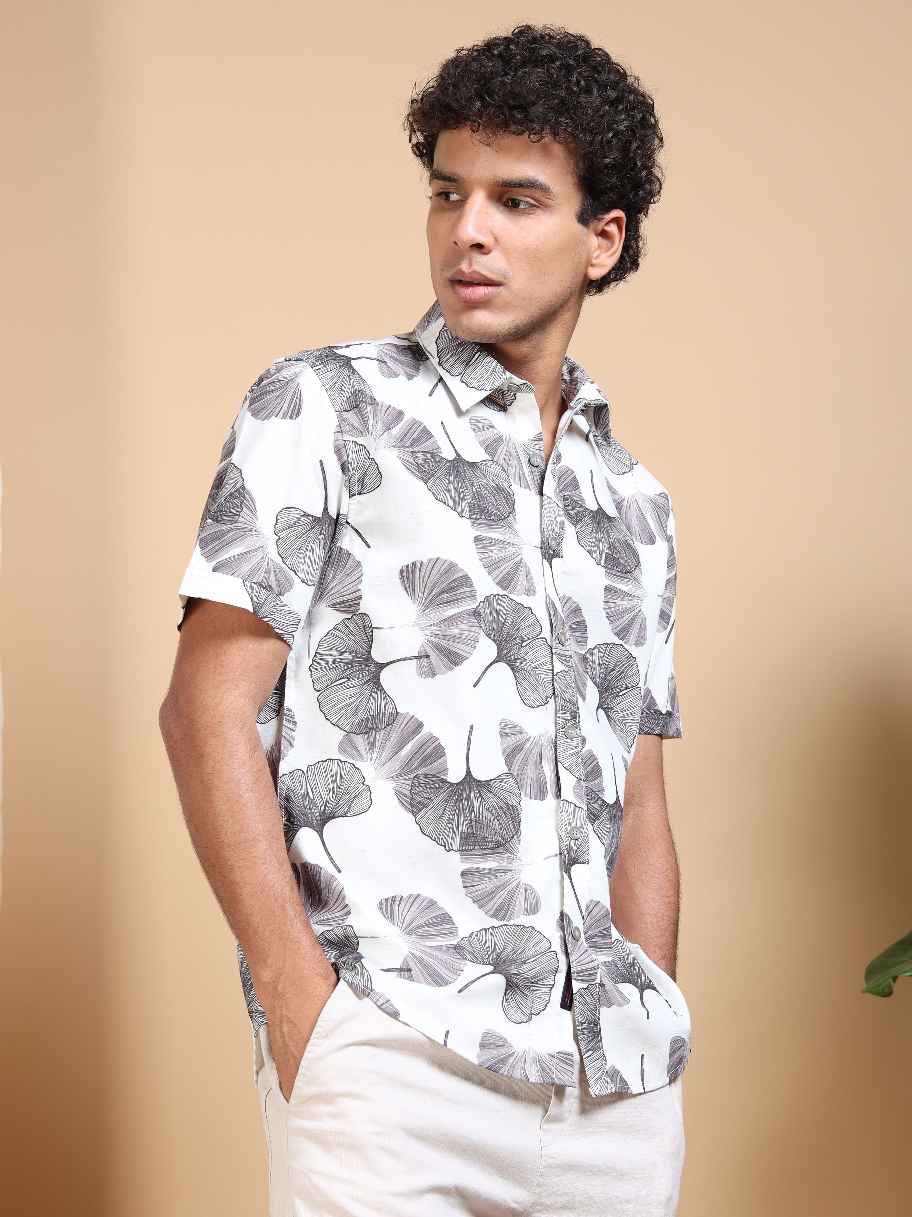 MEN'S LT.BROWN PRINT SLIM FIT SHIRT