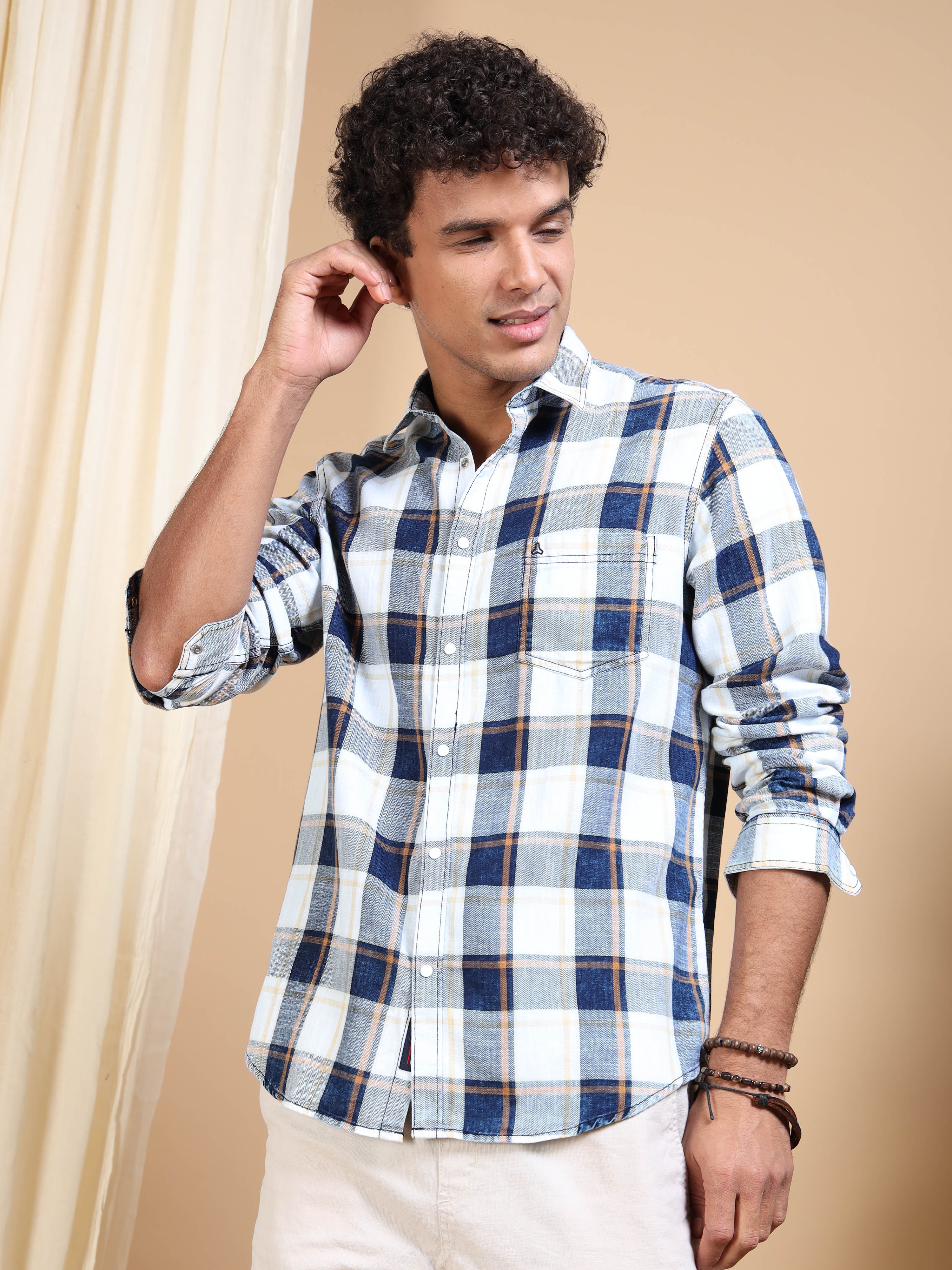 MEN'S GOLD INDIGO CHECKS SLIM FIT SHIRT