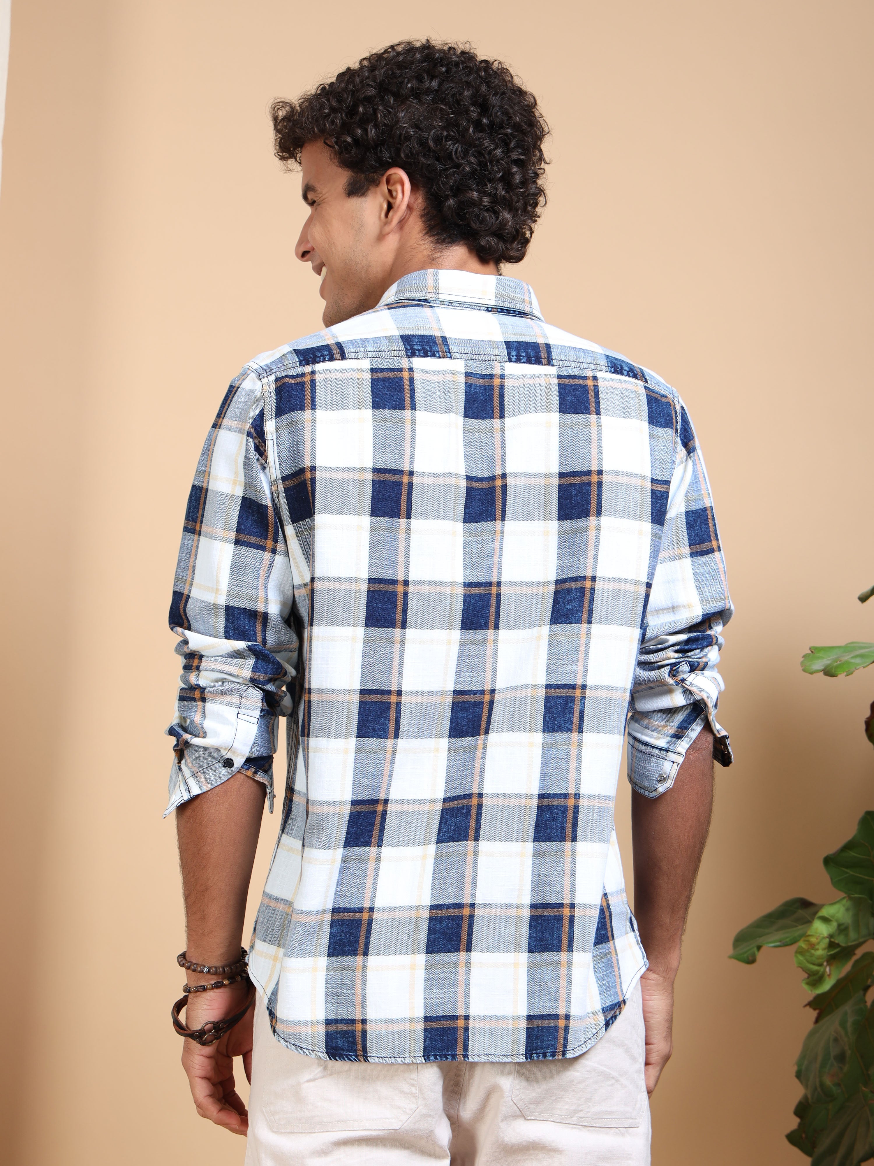 MEN'S GOLD INDIGO CHECKS SLIM FIT SHIRT