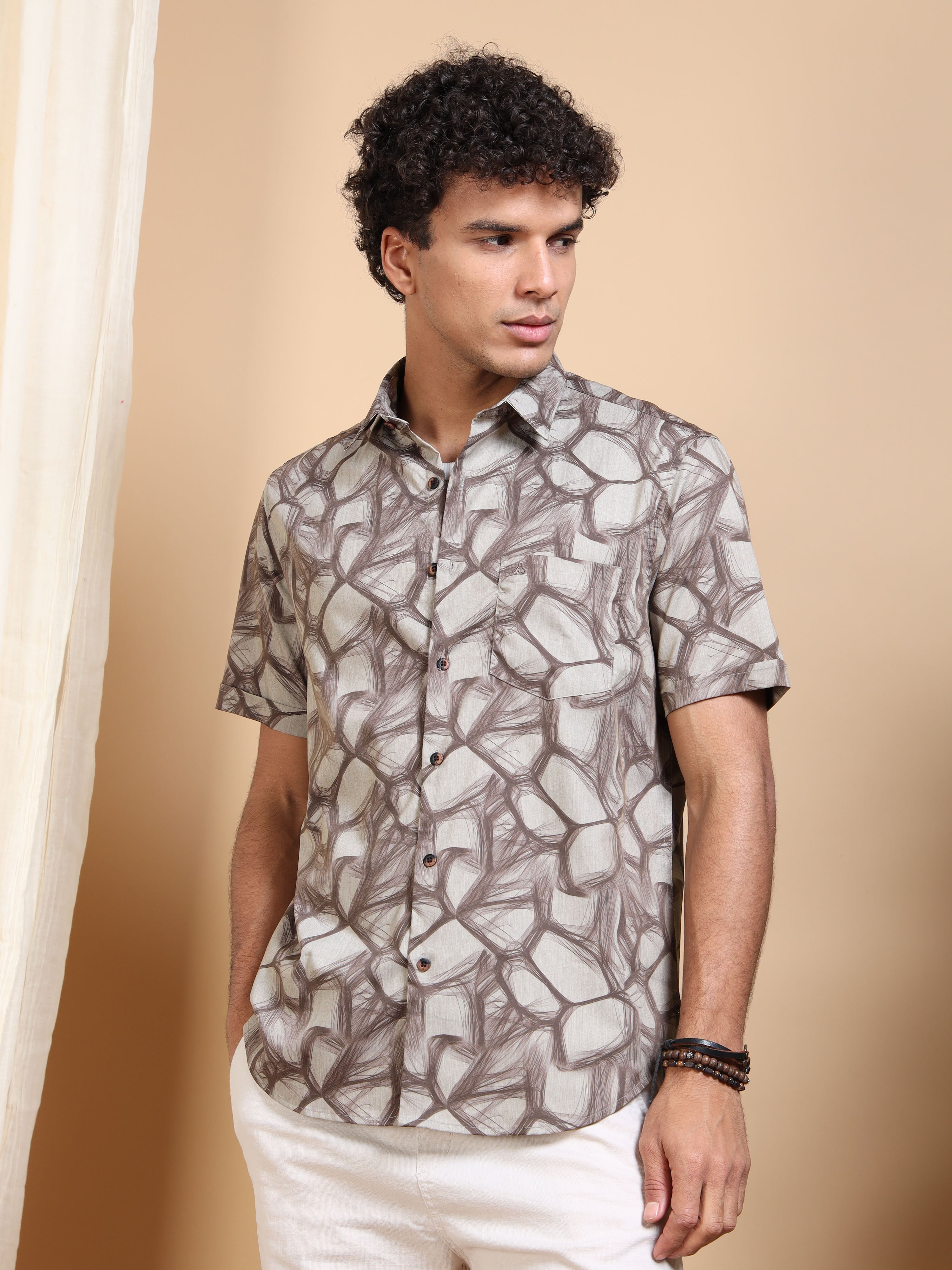 MEN'S BROWN PRINT SLIM FIT SHIRT