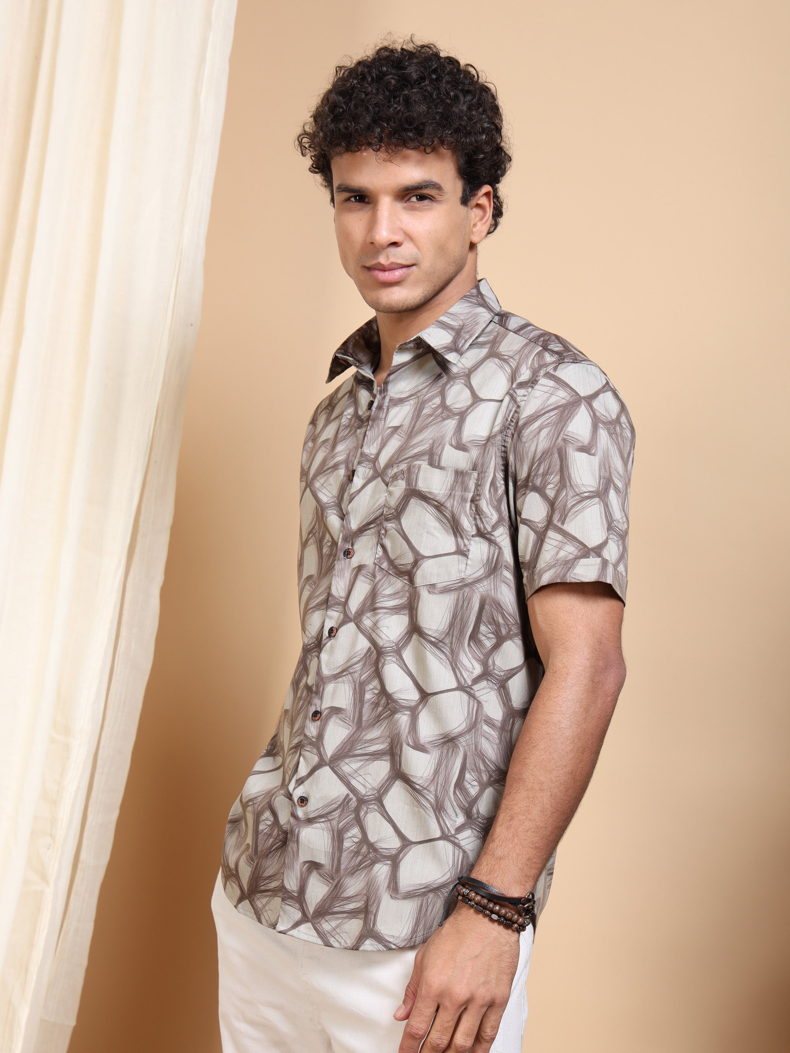 MEN'S BROWN PRINT SLIM FIT SHIRT