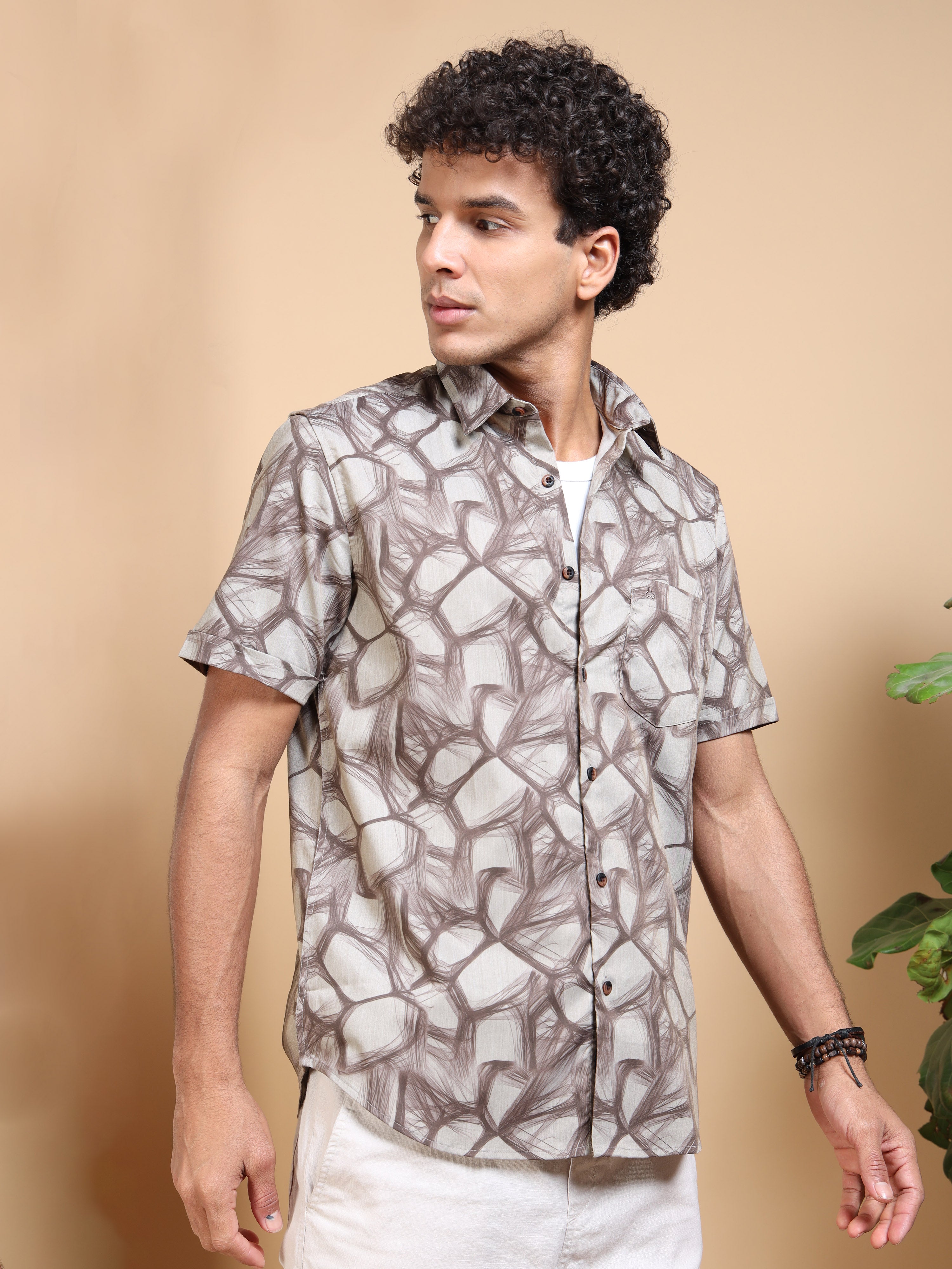 MEN'S BROWN PRINT SLIM FIT SHIRT