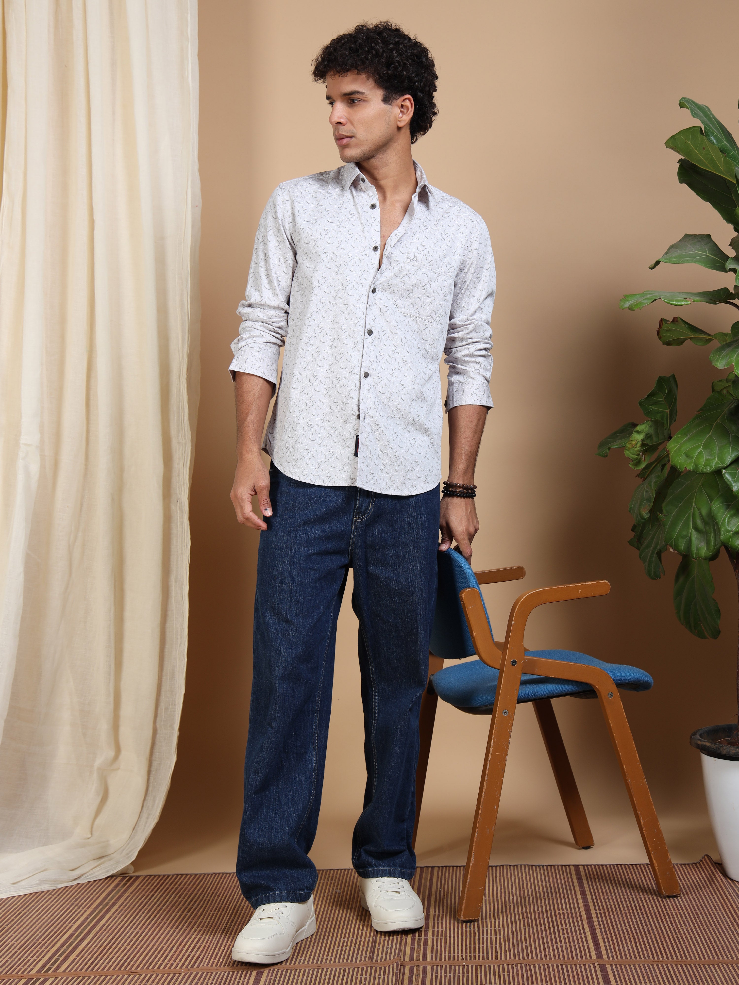 MEN'S LT.GREY PRINT SLIM FIT SHIRT