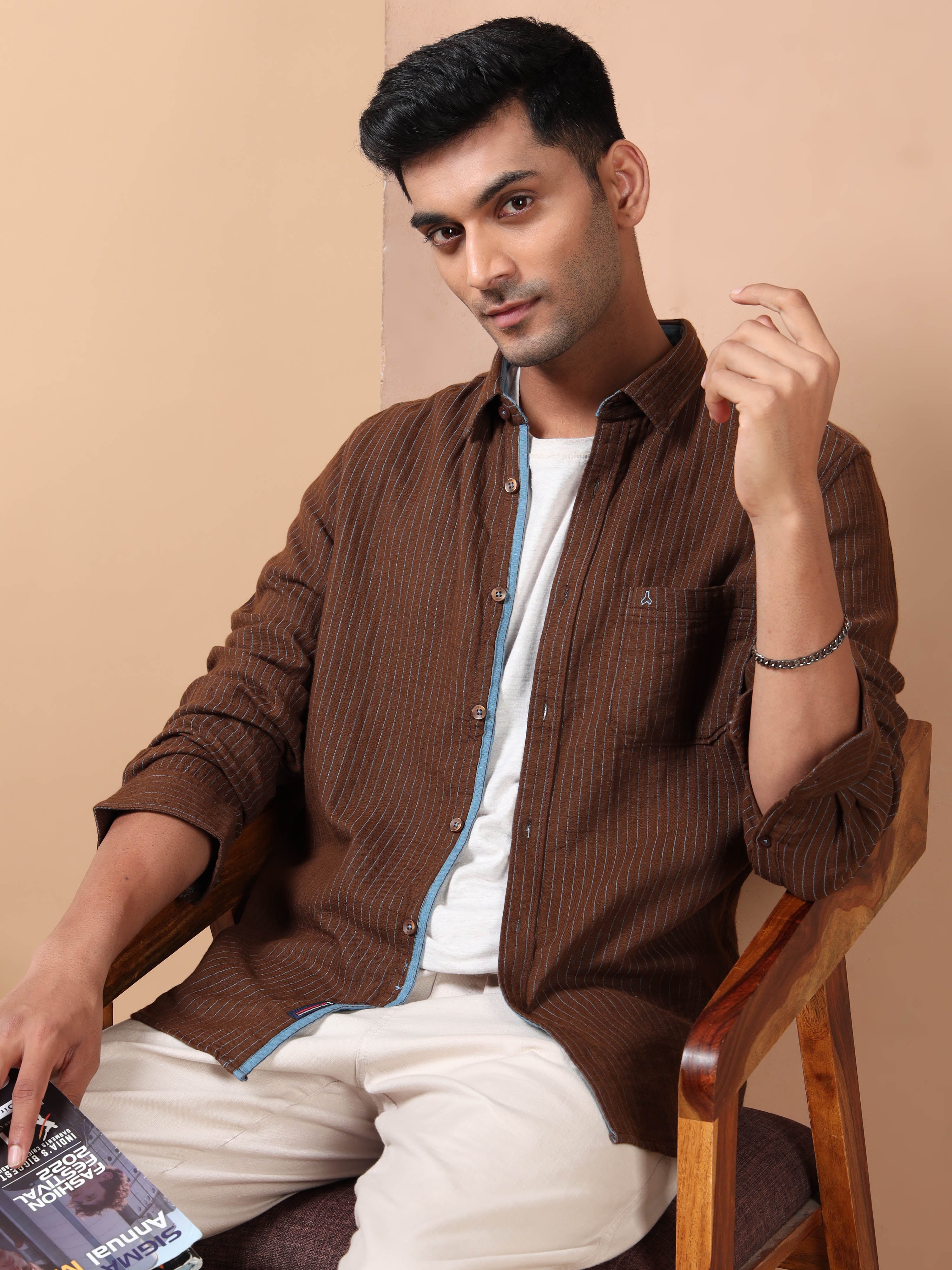 MEN'S BROWN STRIPE SLIM FIT SHIRT