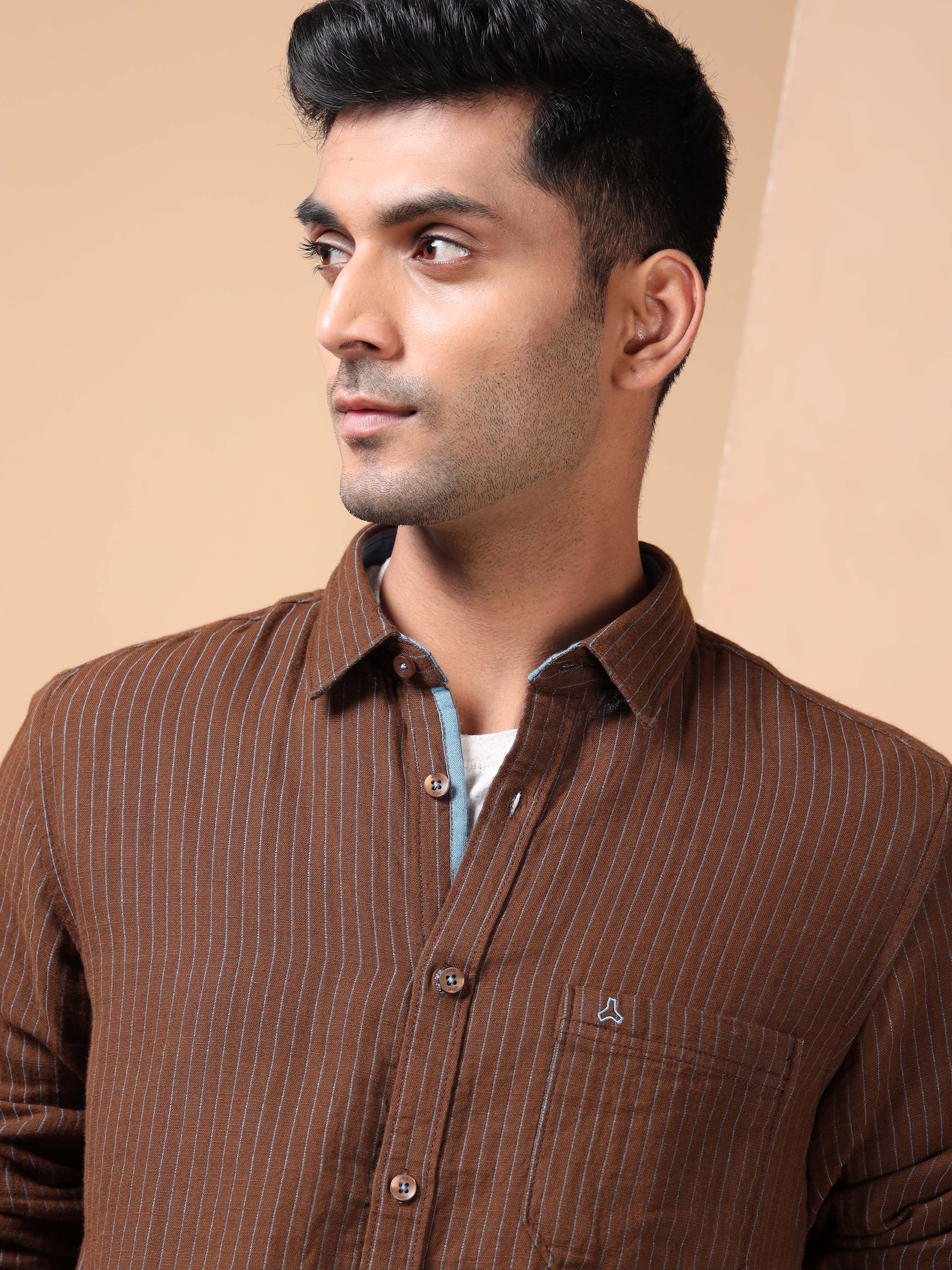 MEN'S BROWN STRIPE SLIM FIT SHIRT
