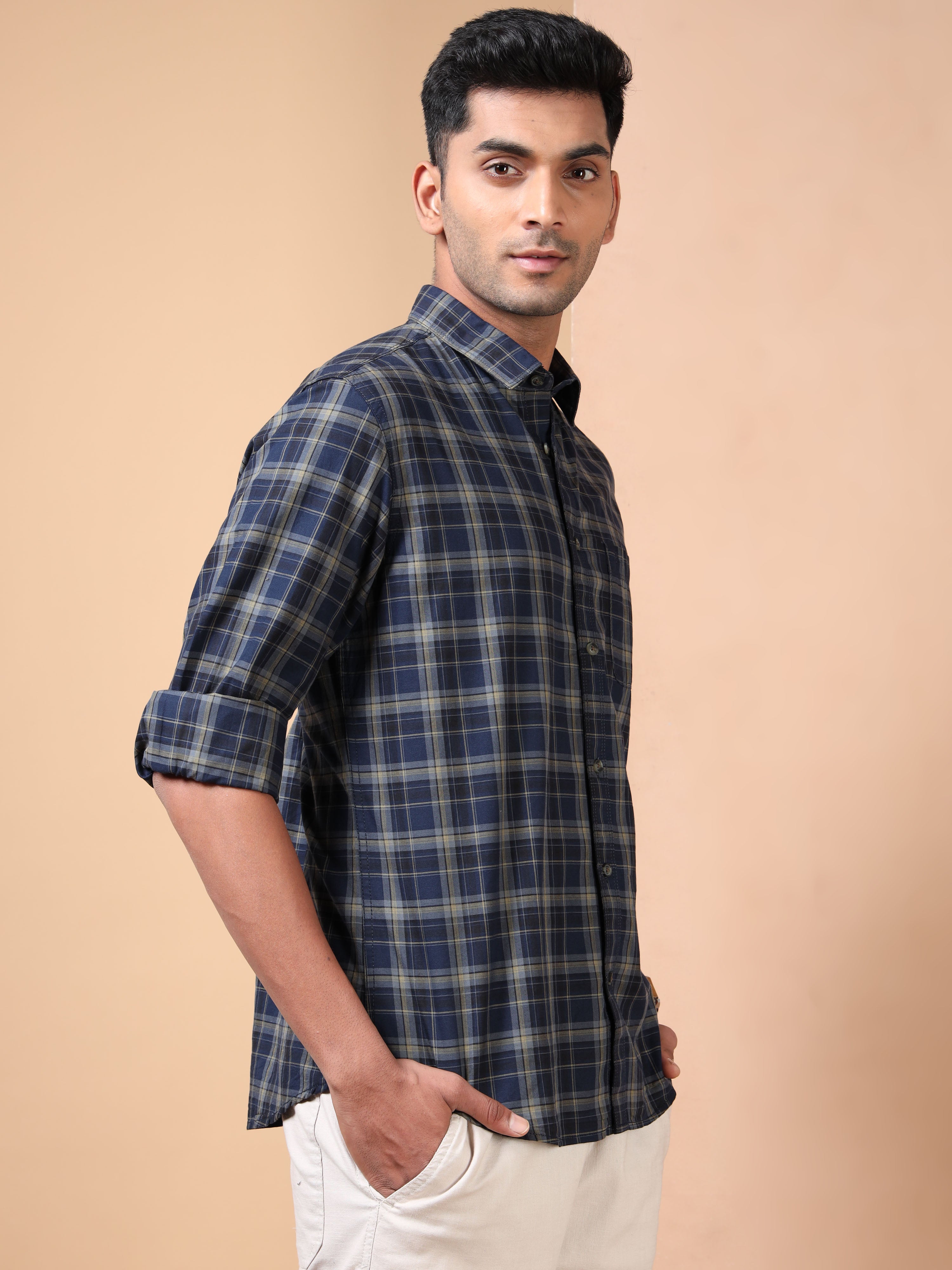 MEN'S NAVY CHECKS SLIM FIT SHIRT