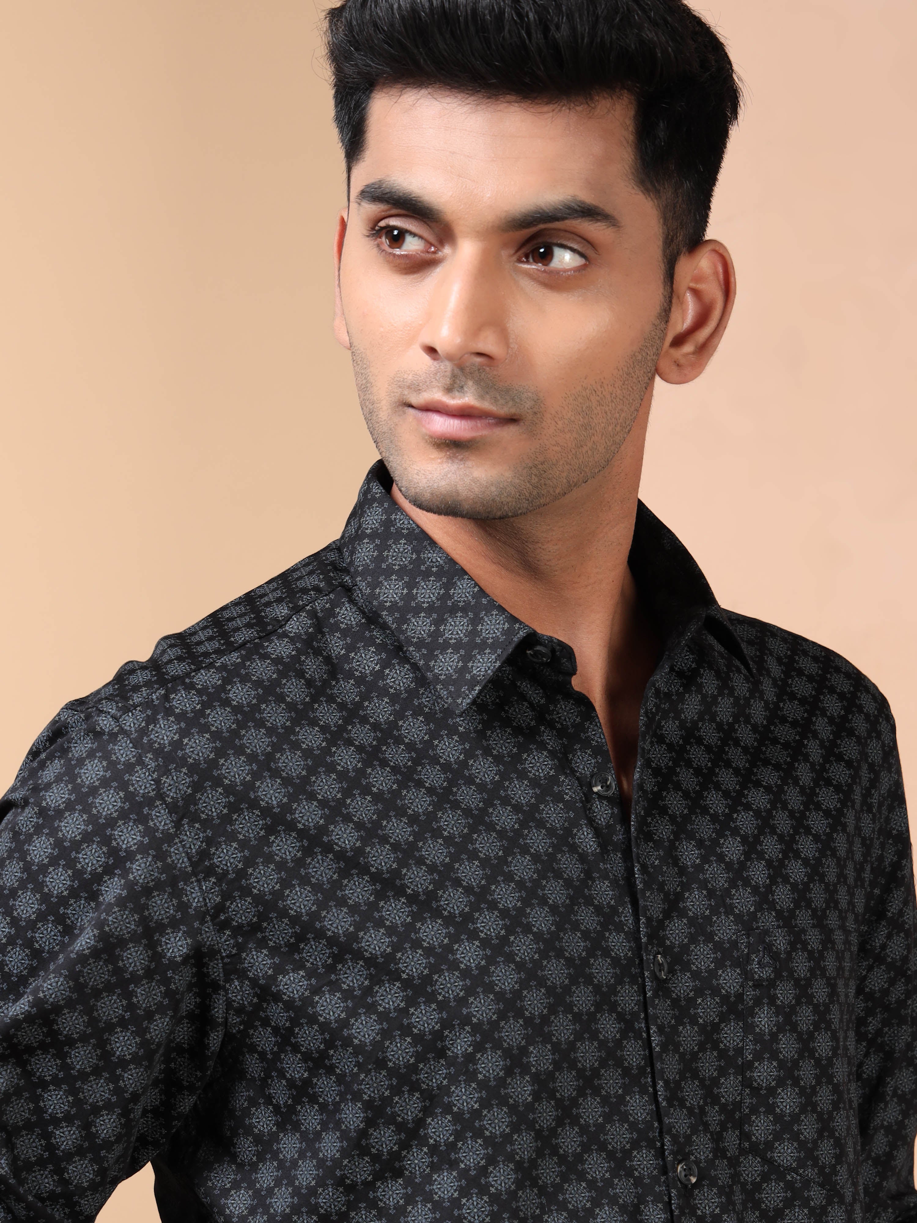 MEN'S BLACK PRINT SLIM FIT SHIRT