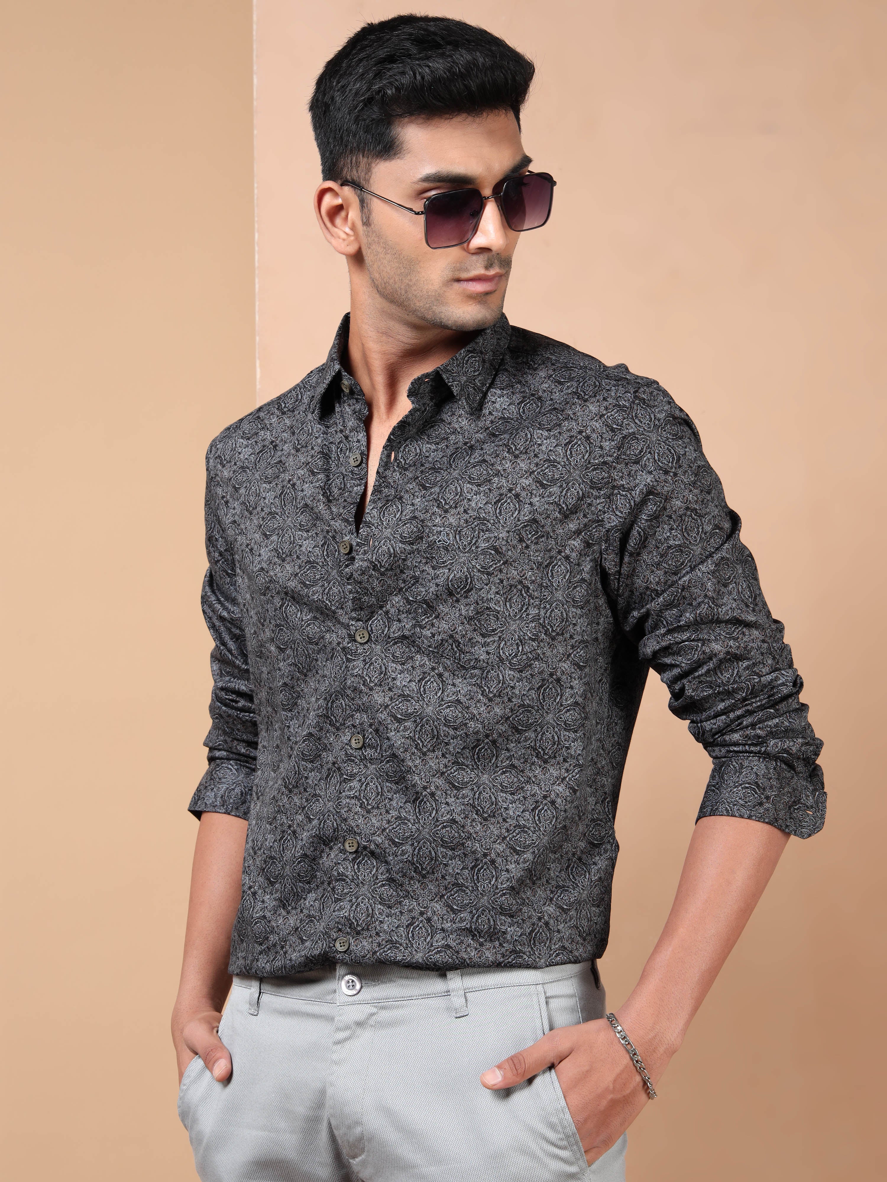 MEN'S BLACK PRINT SLIM FIT SHIRT