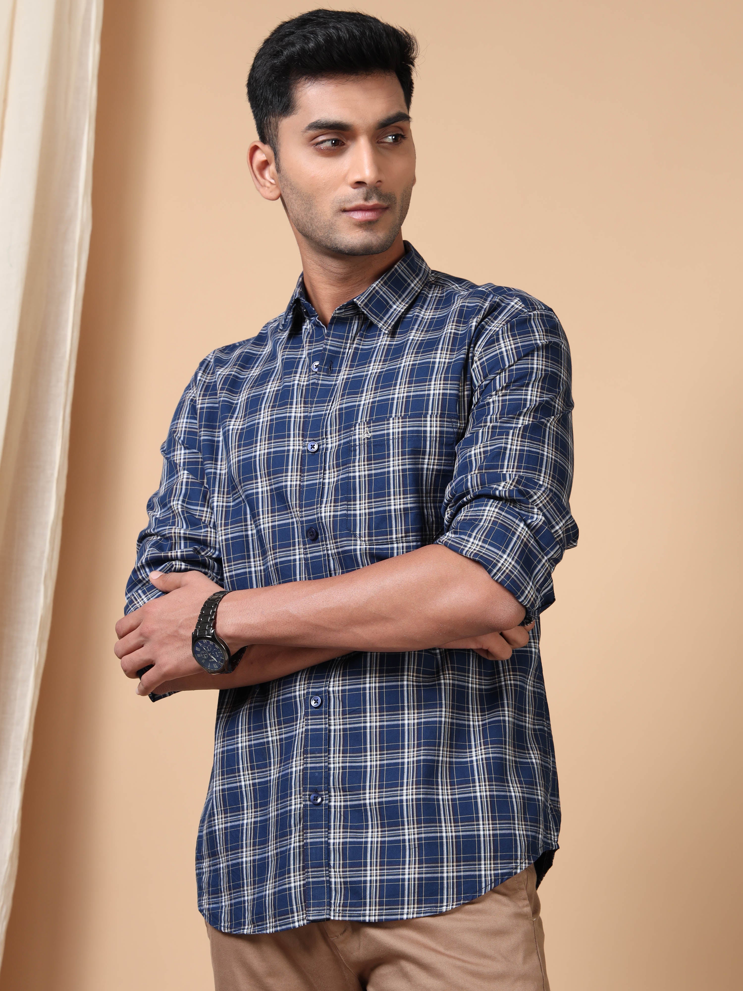 MEN'S NAVY CHECKS SLIM FIT SHIRT