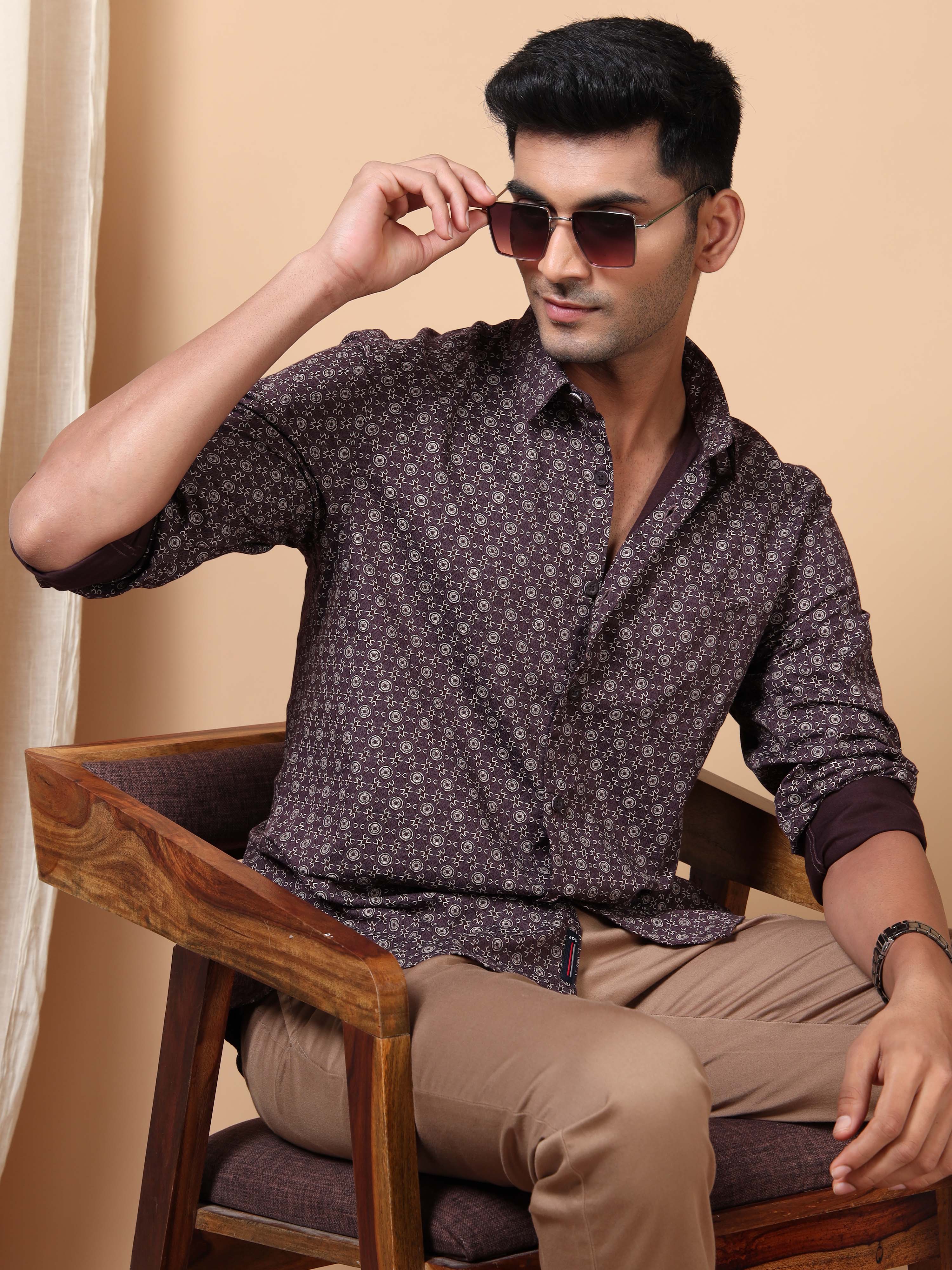MEN'S BURGUNDY PRINT SLIM FIT SHIRT